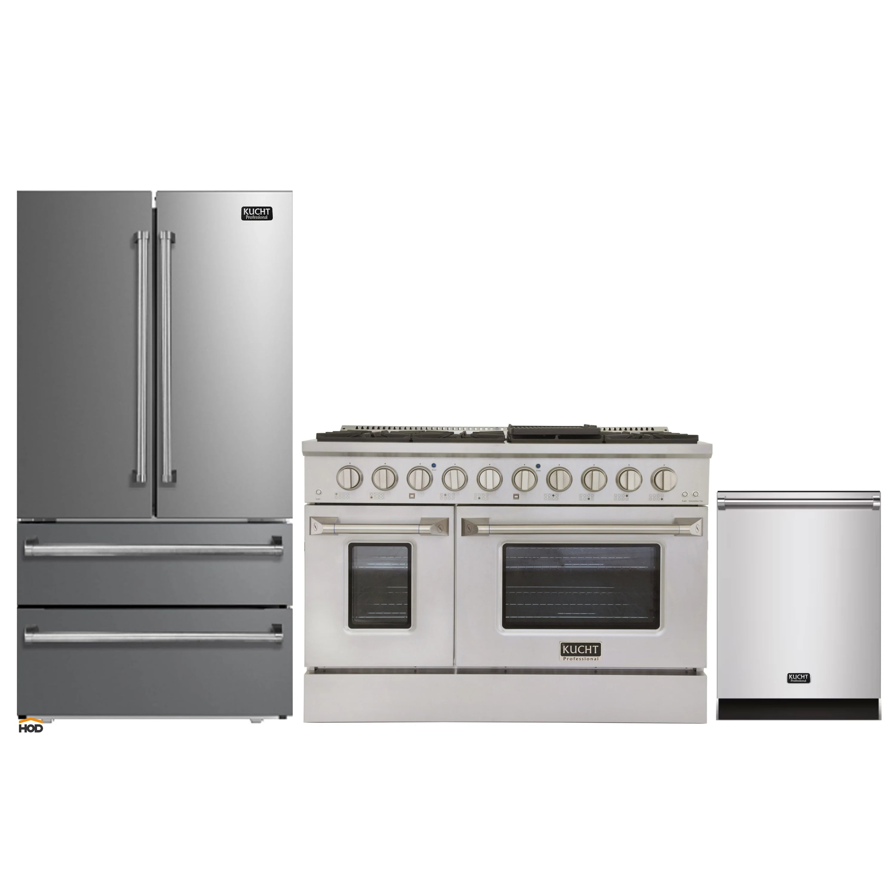 Stainless appliance set with refrigerator, Kucht dual fuel range, and dishwasher