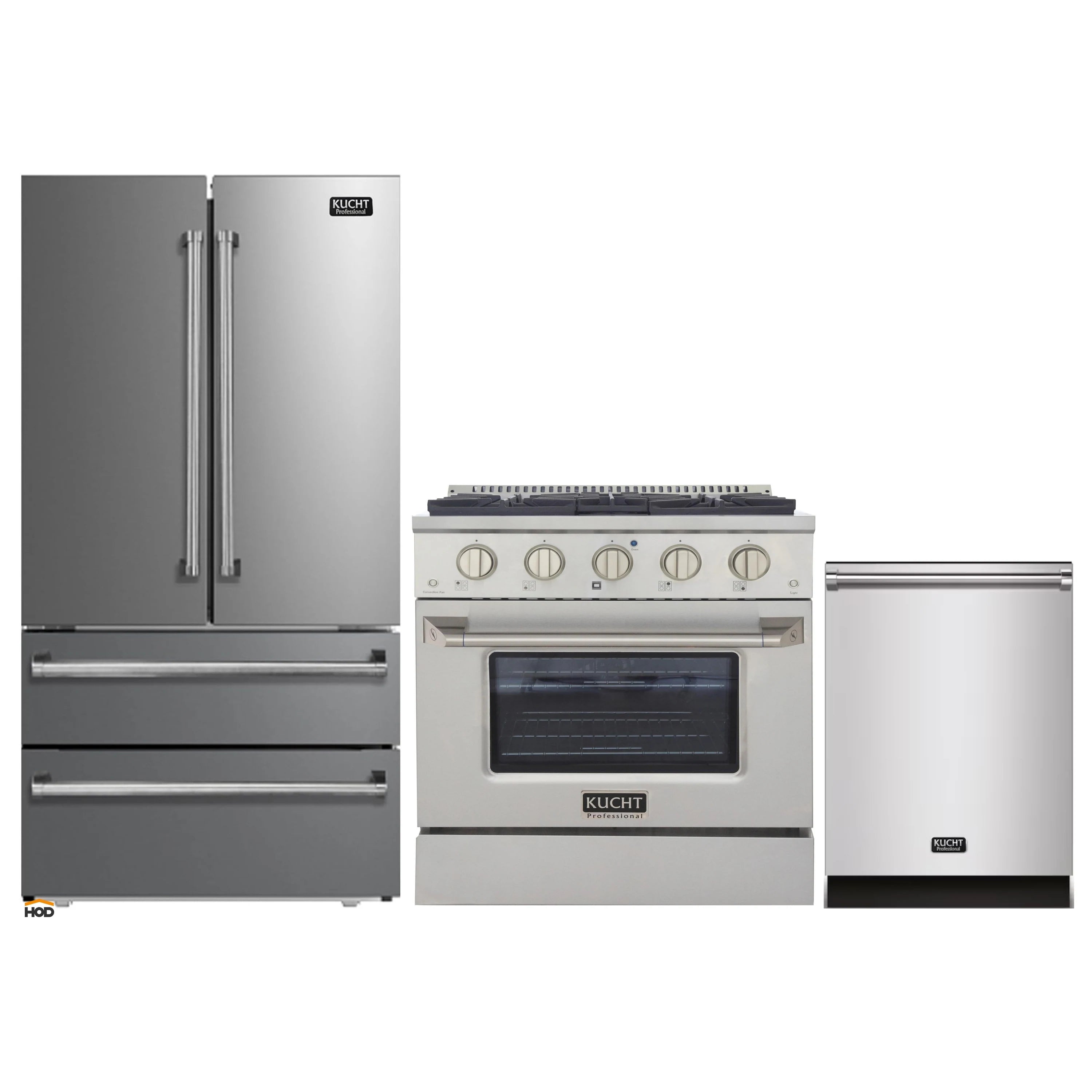 Stainless steel 3-piece appliance package with refrigerator, gas range, and dishwasher
