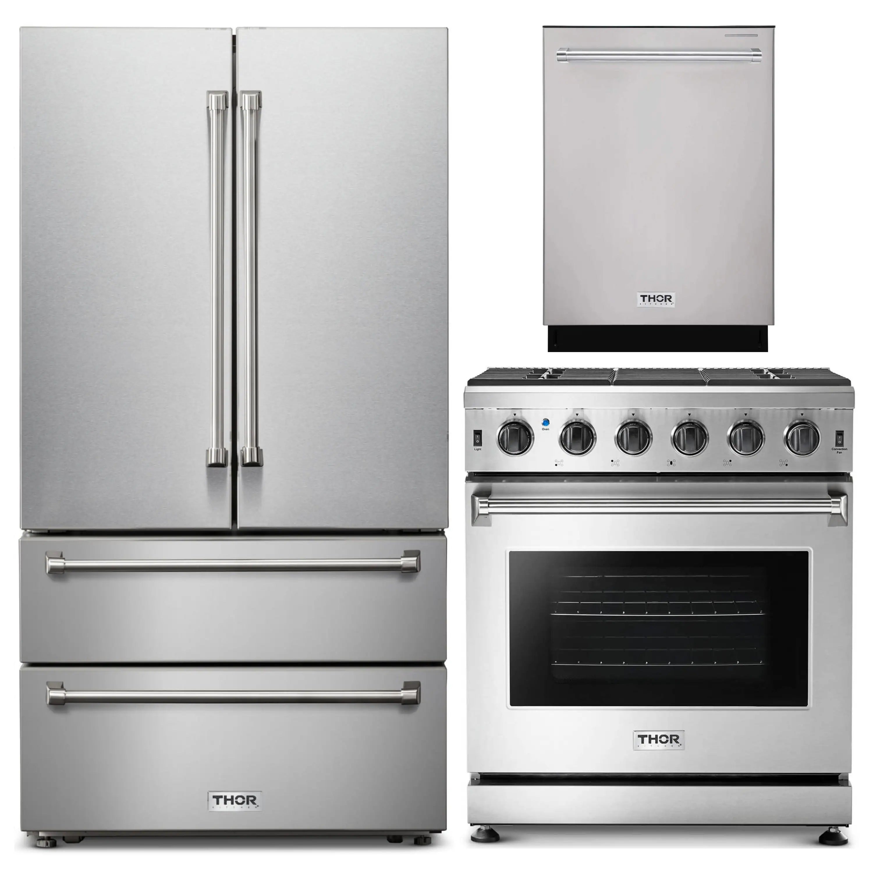 Stainless steel appliance bundle: refrigerator, dishwasher, and gas range