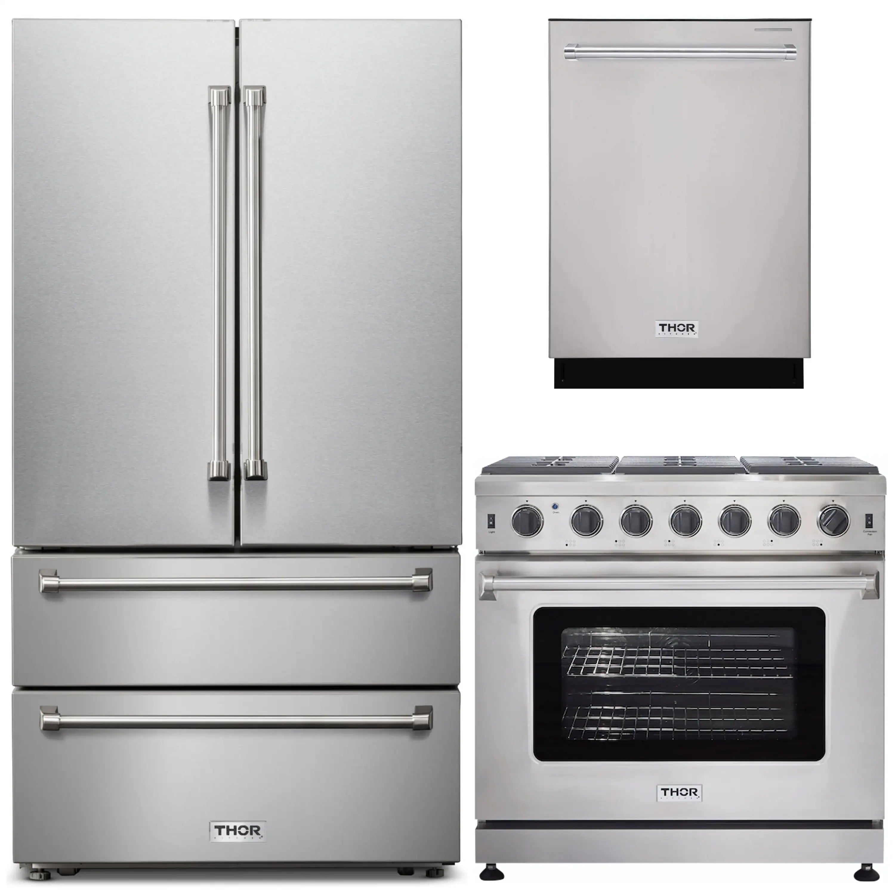 Stainless steel refrigerator, dishwasher, and gas range set with THOR logos