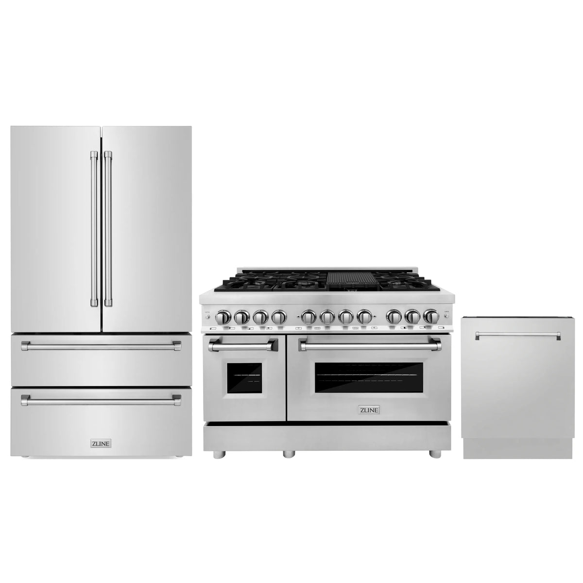 ZLINE 3-Piece Appliance Package - 48-Inch Dual Fuel Range, Refrigerator, and 3-Rack Dishwasher in Stainless Steel