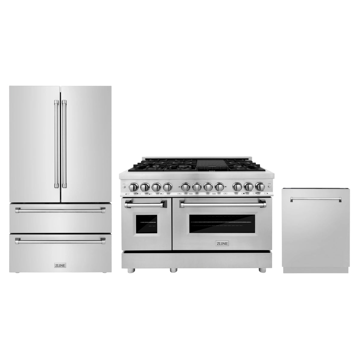 ZLINE 3-Piece Appliance Package - 48-Inch Dual Fuel Range, Refrigerator, and 3-Rack Dishwasher in Stainless Steel