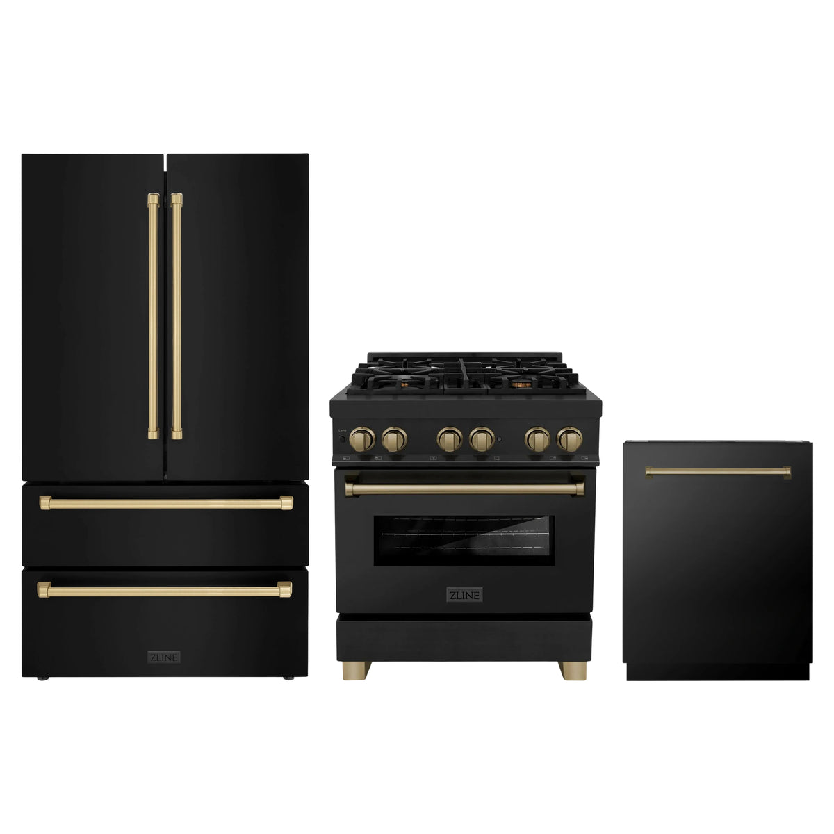 ZLINE 3-Piece Appliance Package - 30-Inch Legacy Dual Fuel Range, 36-Inch French Door Refrigerator, Dishwasher, in Black Stainless Steel with Champagne Bronze Accents