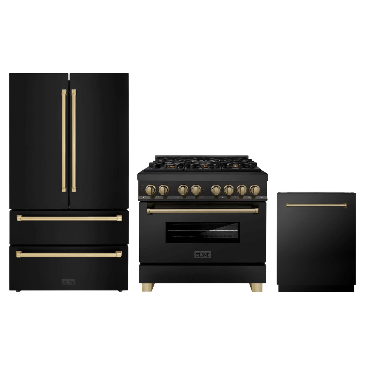 ZLINE 3-Piece Appliance Package - 36-Inch Legacy Dual Fuel Range, 36-Inch French Door Refrigerator, Dishwasher, in Black Stainless Steel with Champagne Bronze Accents