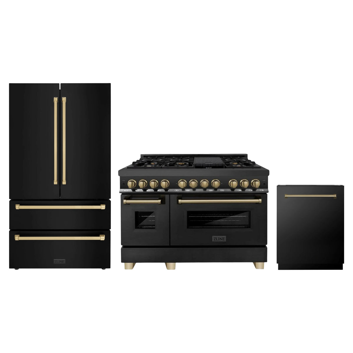 ZLINE 3-Piece Appliance Package - 48-Inch Legacy Dual Fuel Range, 36-Inch French Door Refrigerator, Dishwasher, in Black Stainless Steel with Champagne Bronze Accents