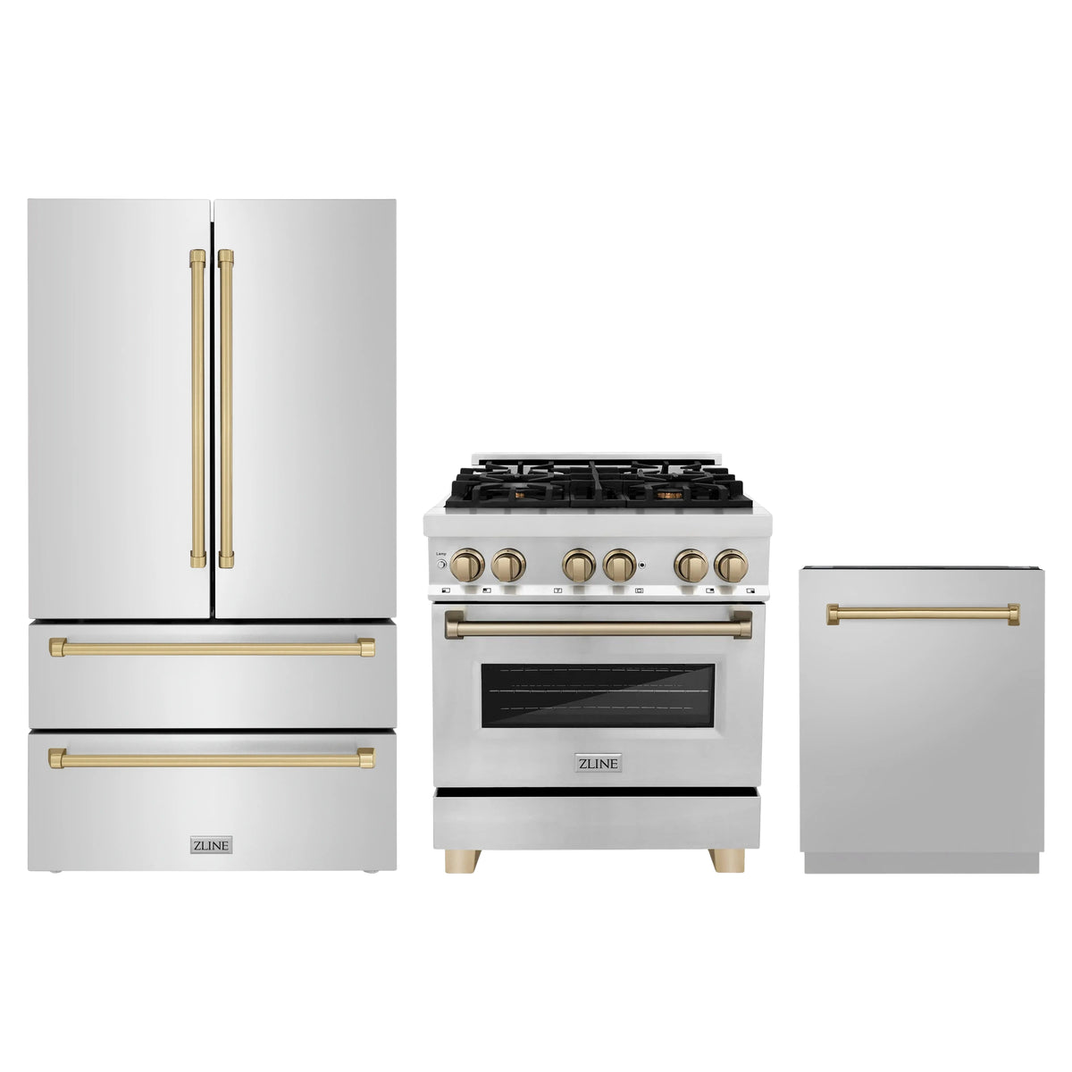 ZLINE 3-Piece Appliance Package - 30-Inch Legacy Autograph Dual Fuel Range, 36-Inch French Door Refrigerator, Dishwasher, in Stainless Steel with Champagne Bronze Accents