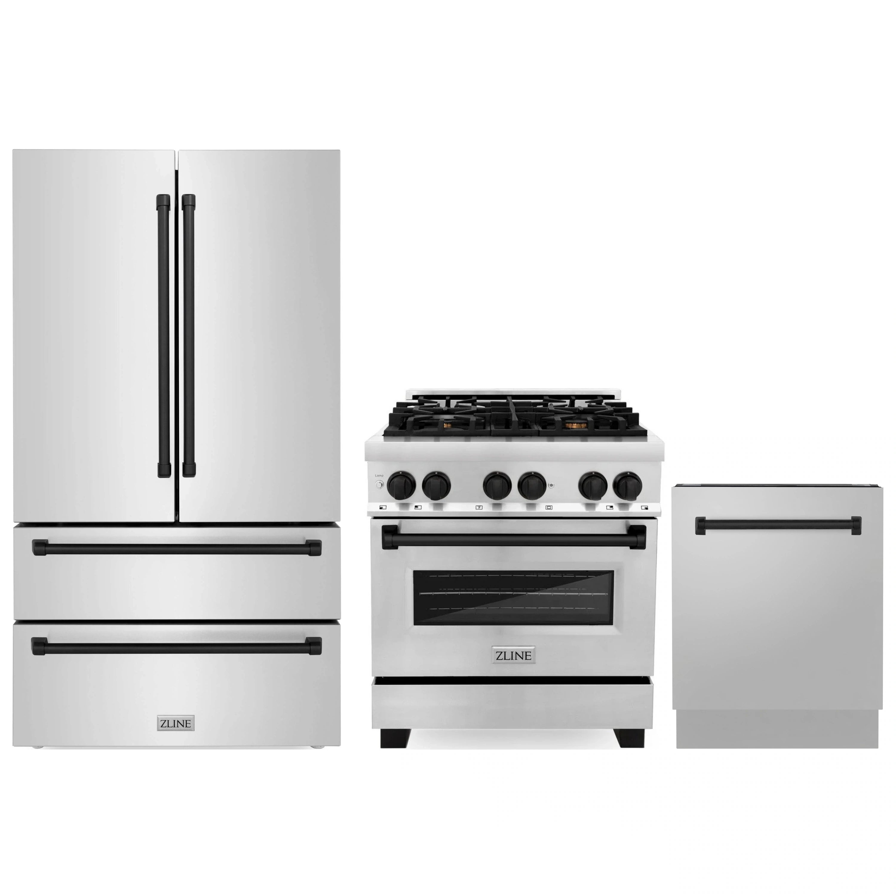 Stainless steel 3-piece appliance package with dual fuel range, fridge, and dishwasher