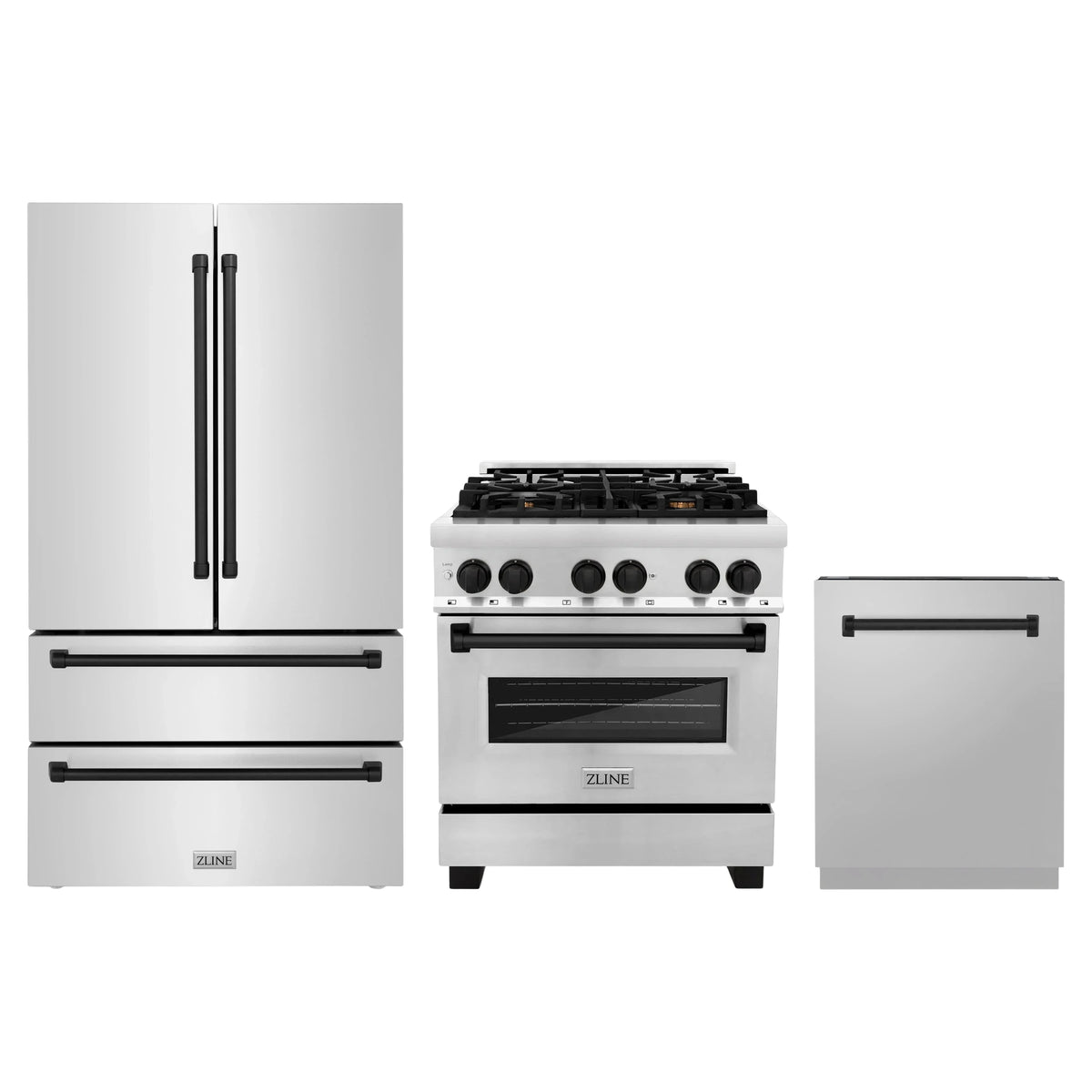 ZLINE 3-Piece Appliance Package - 30-Inch Legacy Autograph Dual Fuel Range, 36-Inch French Door Refrigerator, Dishwasher, in Stainless Steel with Matte Black Accents
