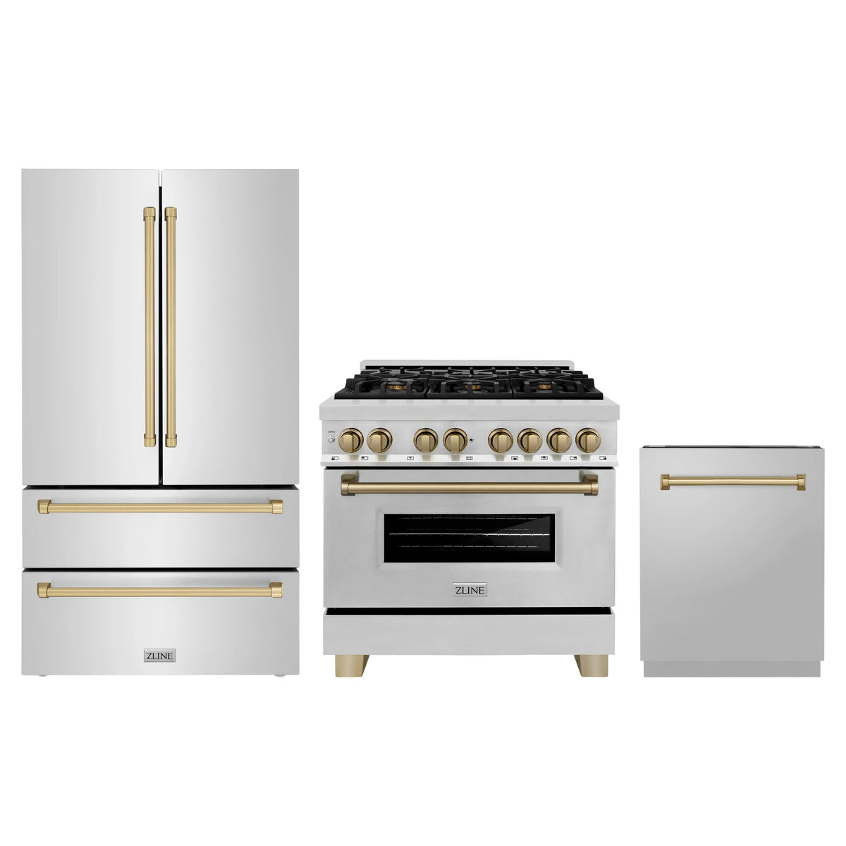 ZLINE 3-Piece Appliance Package - 36-Inch Legacy Autograph Dual Fuel Range, 36-Inch French Door Refrigerator, Dishwasher, in Stainless Steel with Champagne Bronze Accents