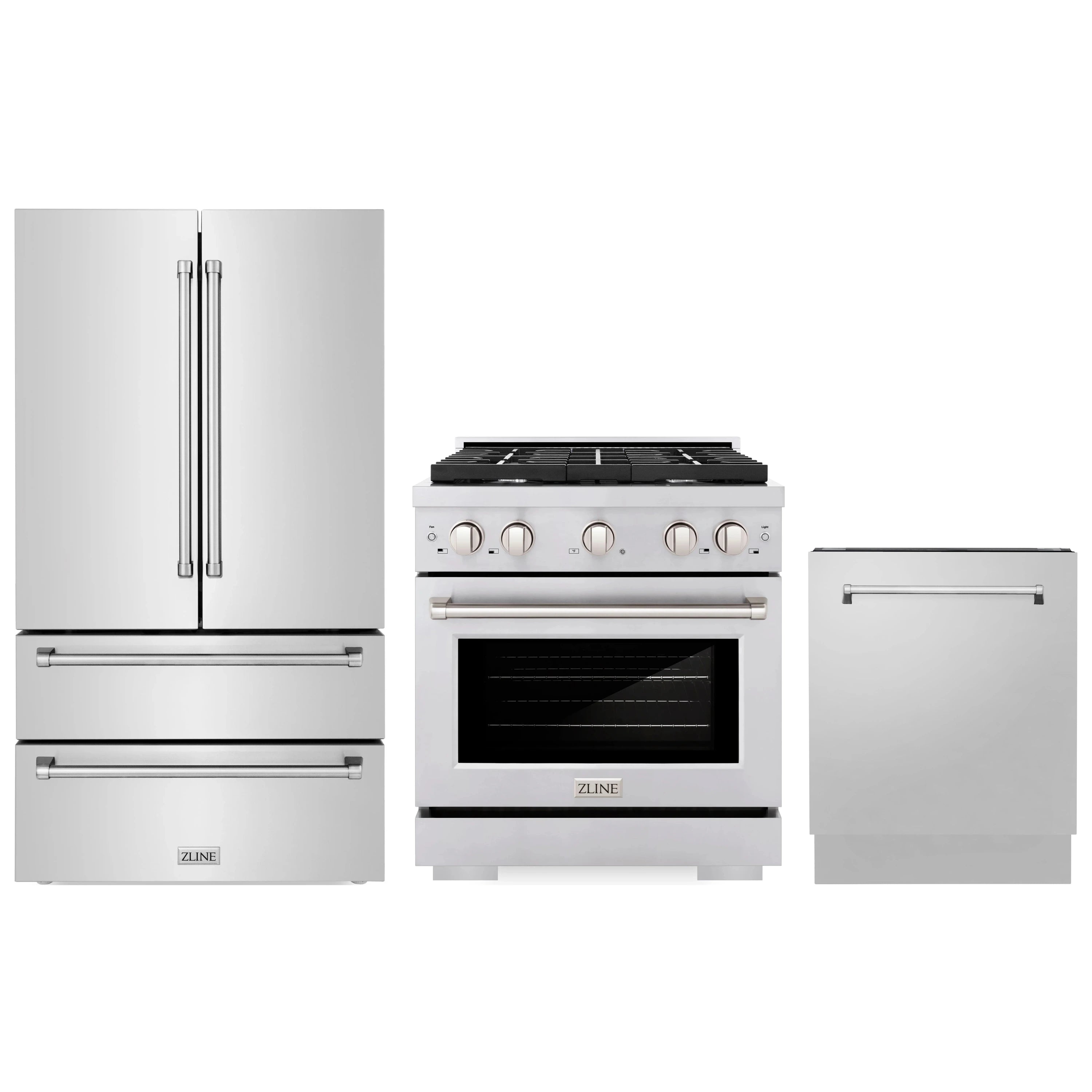 Stainless steel kitchen appliance set with refrigerator, range, and dishwasher