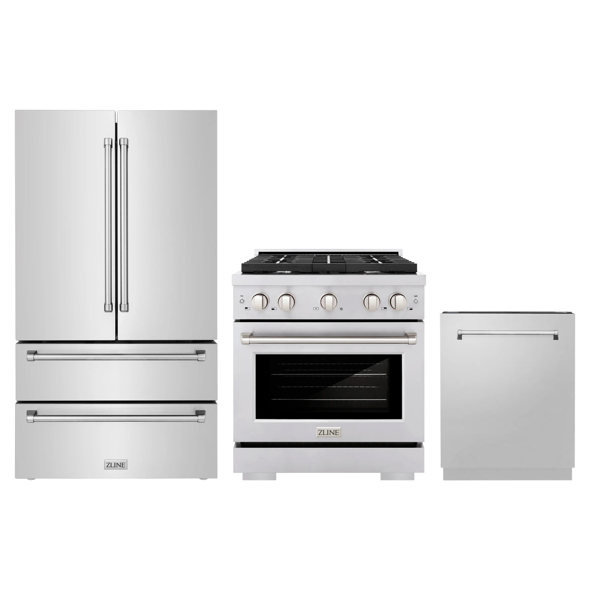 ZLINE 3-Piece Appliance Package - 30-Inch Paramount Dual Fuel Range, 36-Inch French Door Refrigerator, Dishwasher, in Stainless Steel