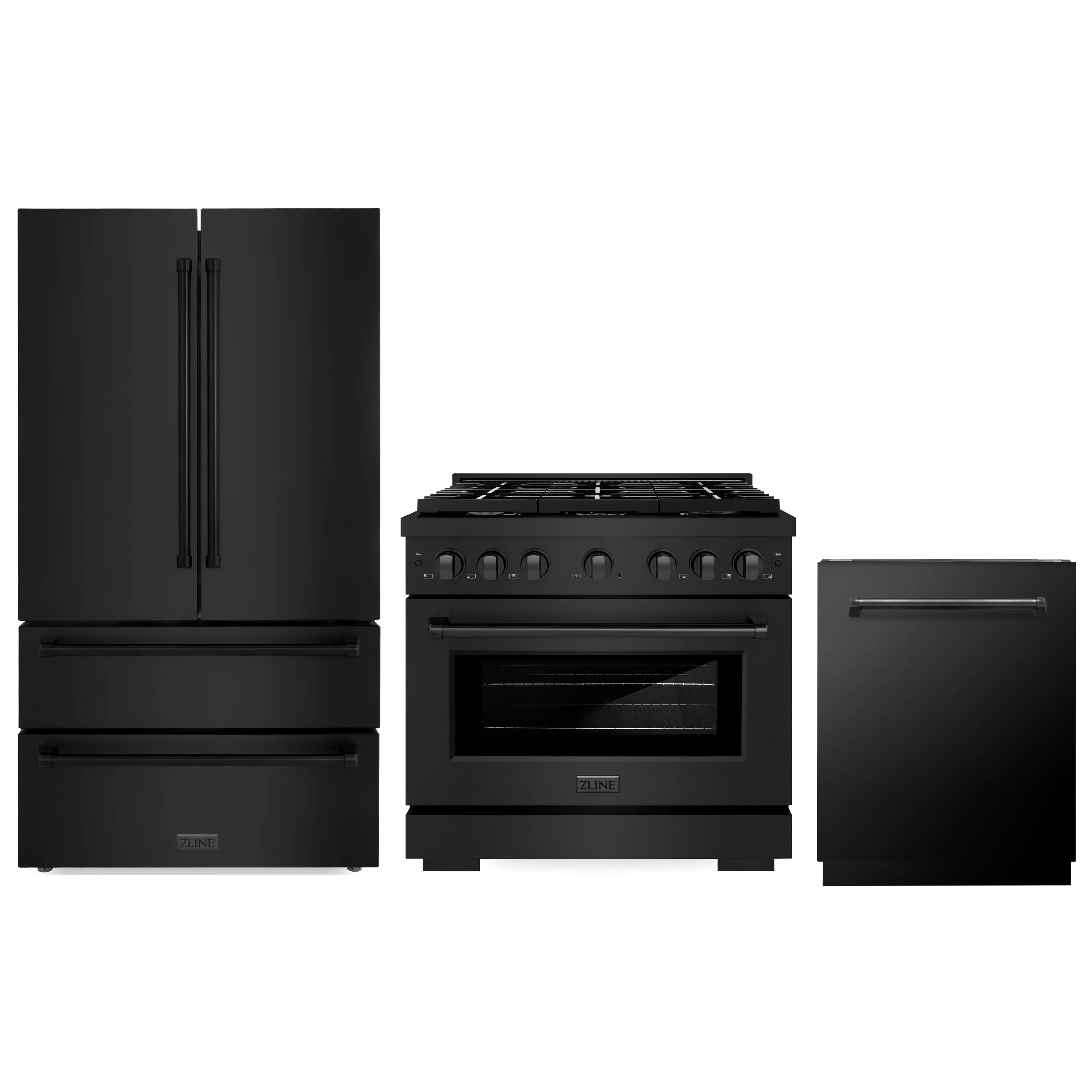 Black stainless appliance set with refrigerator, dual fuel range, and dishwasher