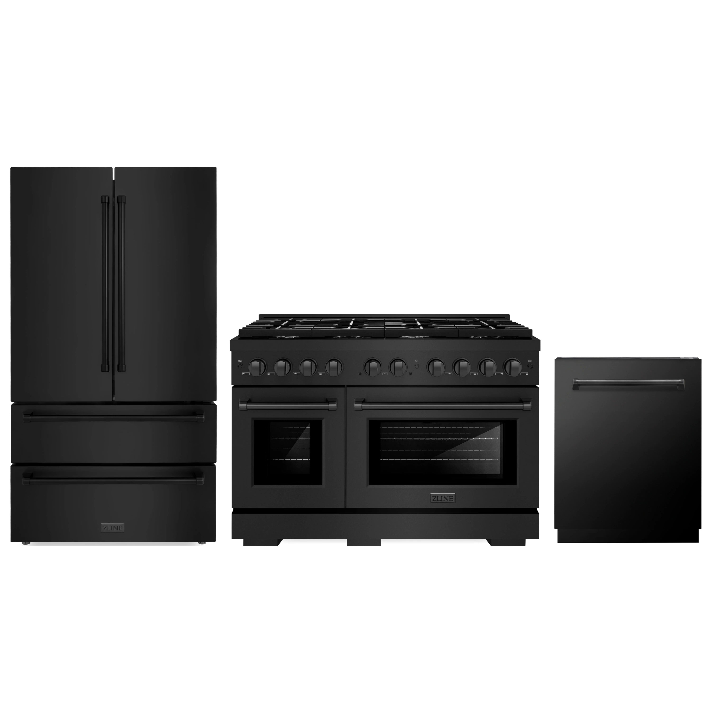 Black stainless appliance package with dual fuel range, refrigerator, and dishwasher