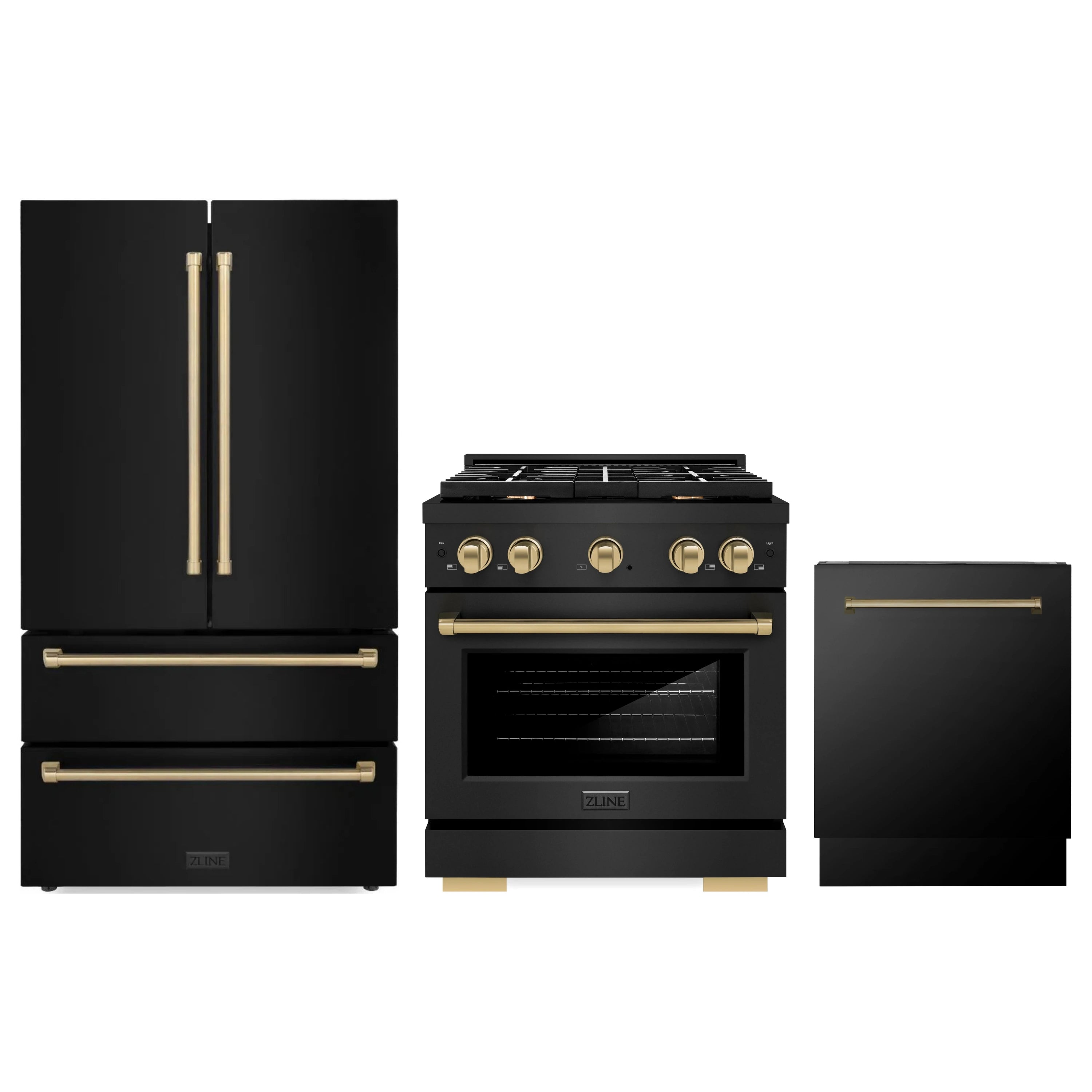 Black stainless kitchen appliance package: range, refrigerator, dishwasher with bronze accents