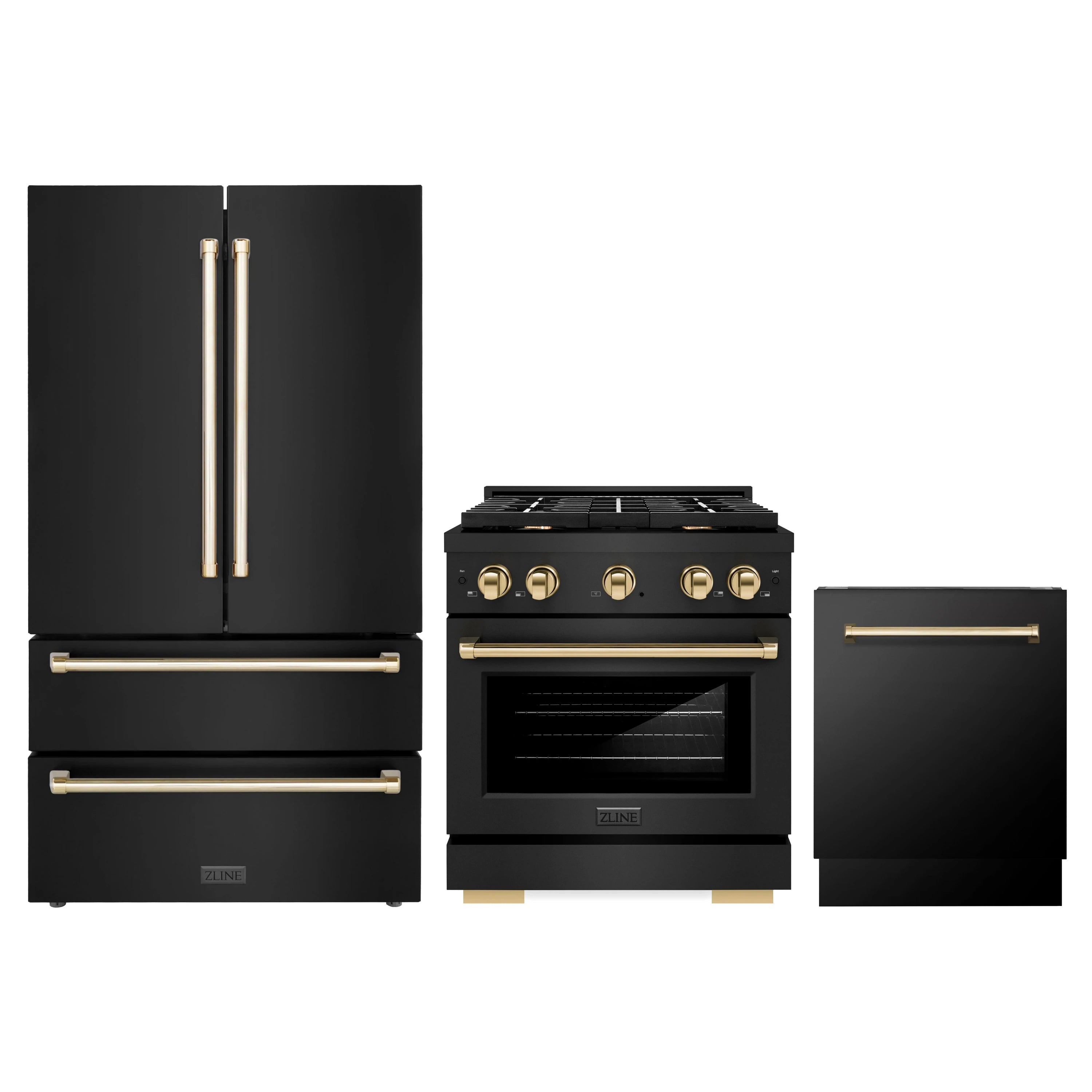 3-piece appliance package: black stainless fridge, dual fuel range, dishwasher with gold accents