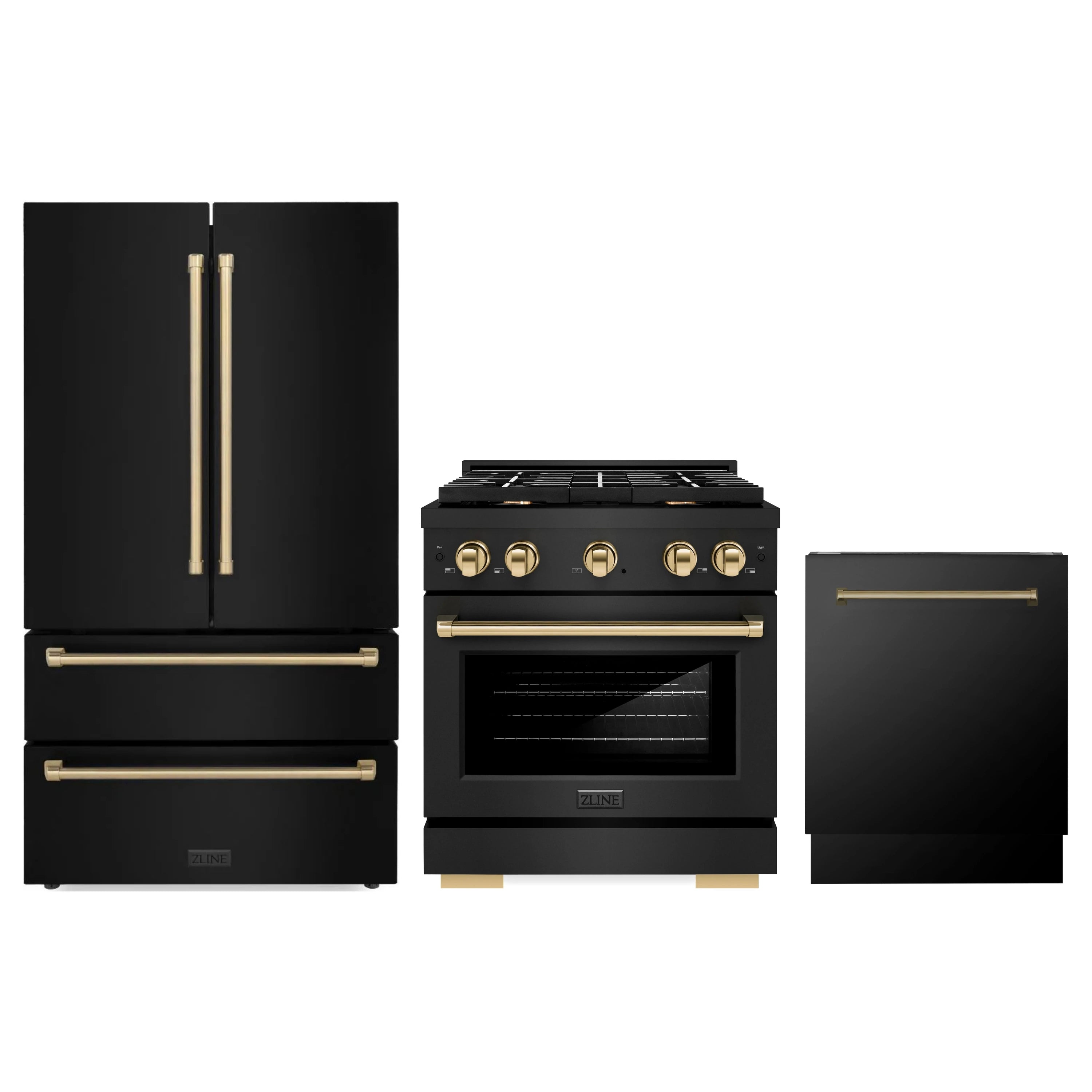 Black stainless appliance set with champagne bronze accents: fridge, range, dishwasher