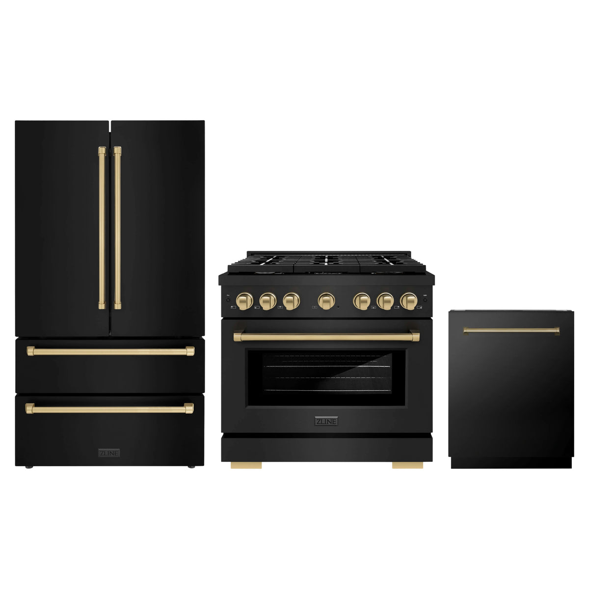 ZLINE 3-Piece Appliance Package - 36-Inch Paramount Dual Fuel Range, 36-Inch French Door Refrigerator, Dishwasher, in Black Stainless Steel with Champagne Bronze Accents