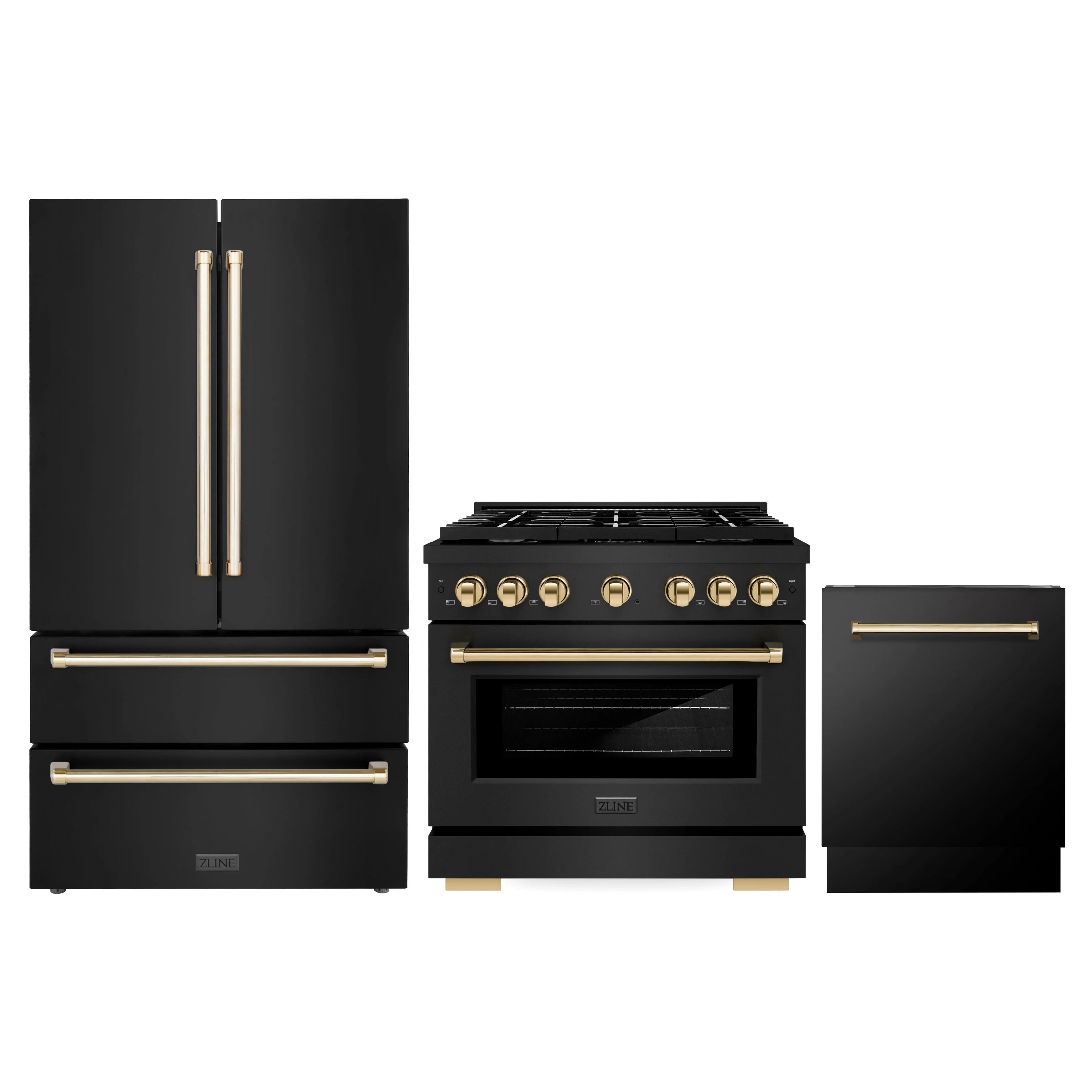 Black stainless appliance set with gold-accent range, fridge, and dishwasher