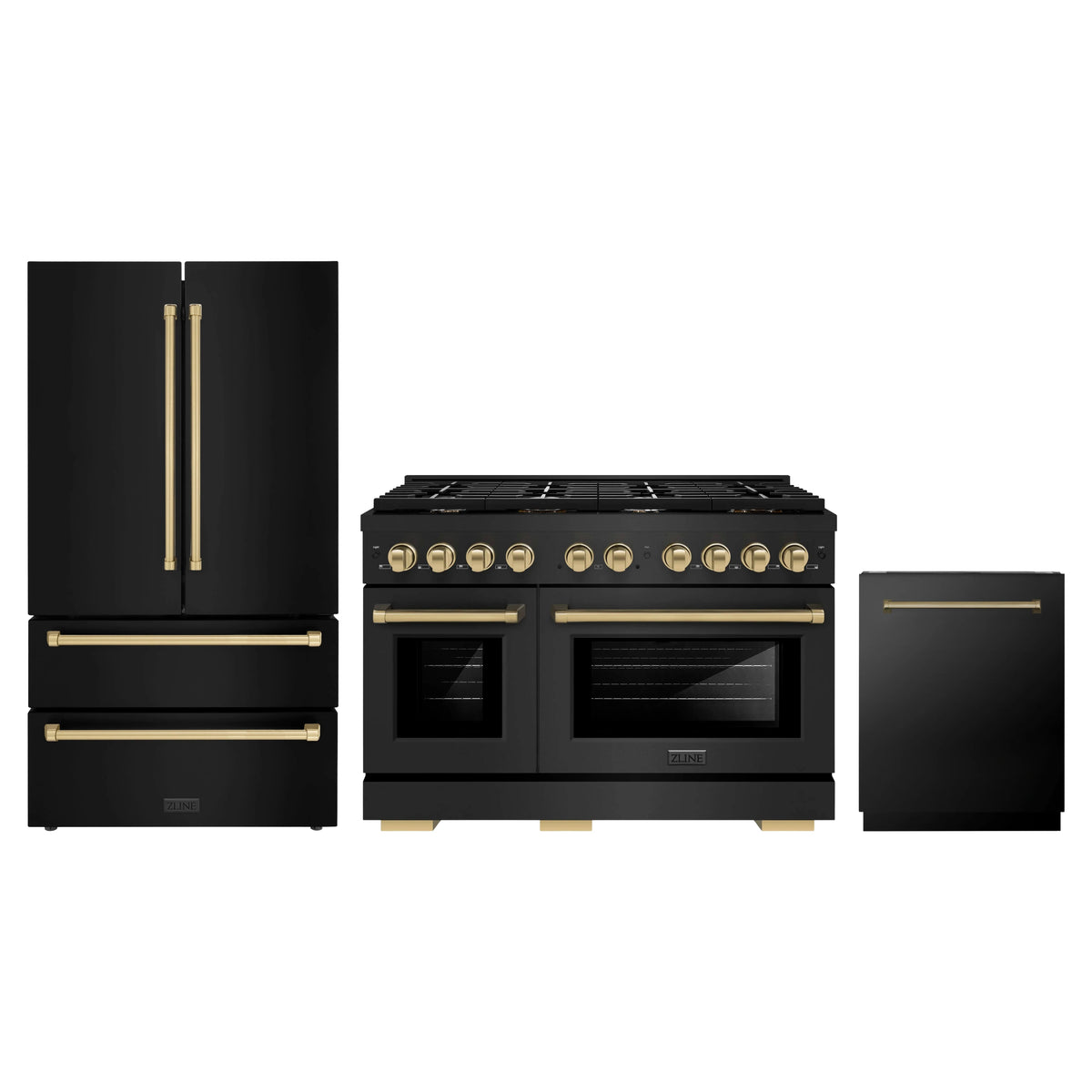 ZLINE 3-Piece Appliance Package - 48-Inch Paramount Dual Fuel Range, 36-Inch French Door Refrigerator, Dishwasher, in Black Stainless Steel with Champagne Bronze Accents