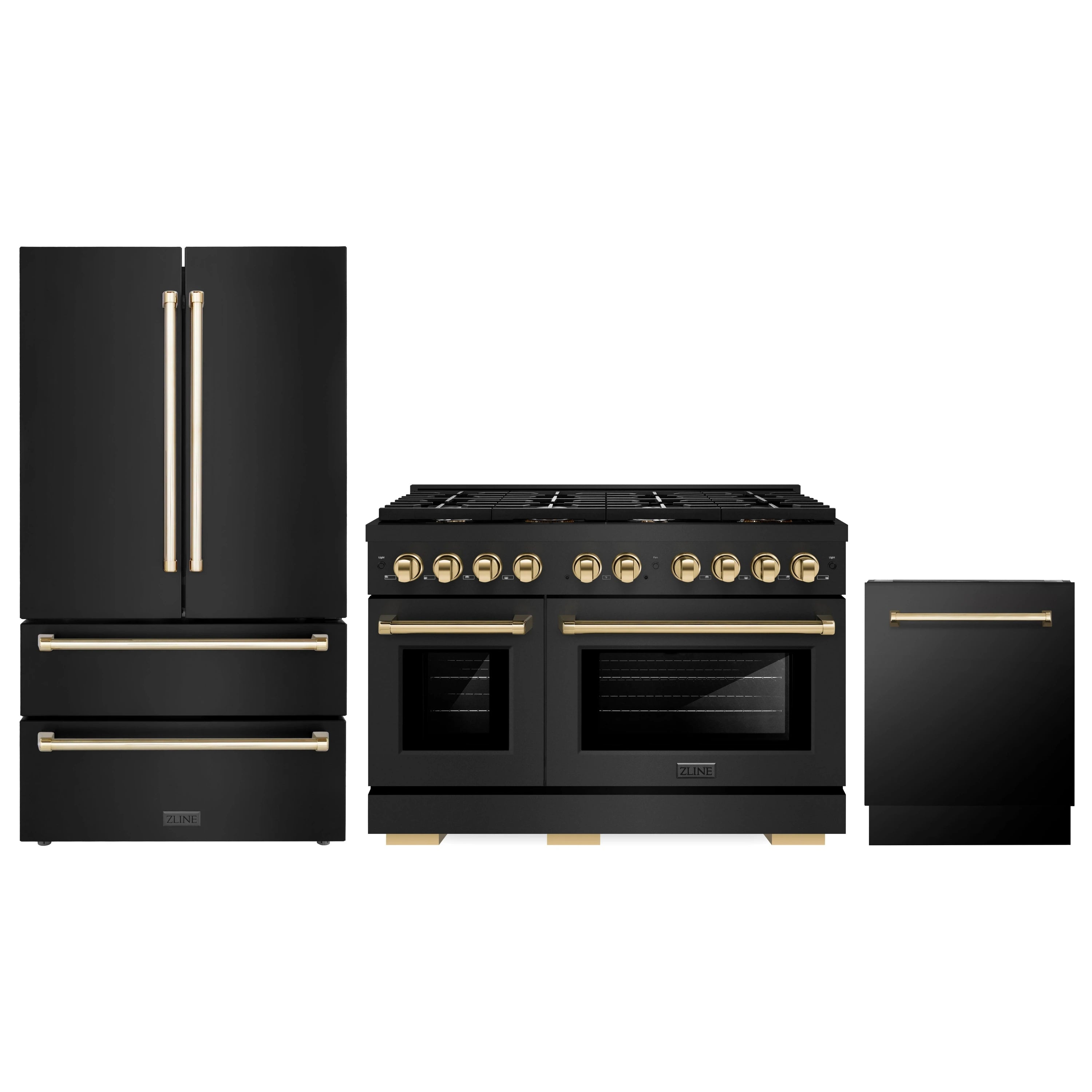 Black stainless steel appliance set with gold accents: range, refrigerator, and dishwasher