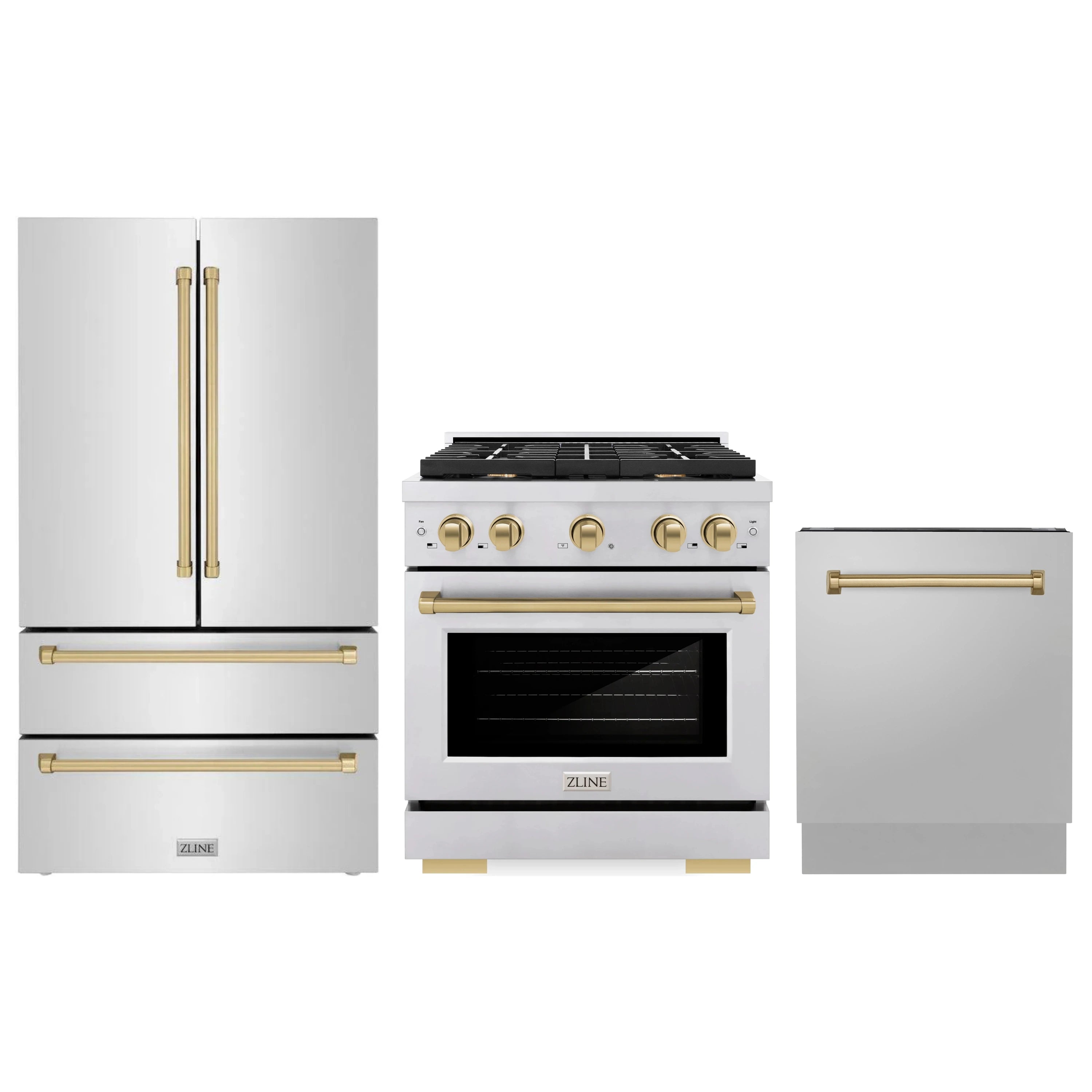 Stainless steel appliance package with champagne bronze accents, shown side-by-side