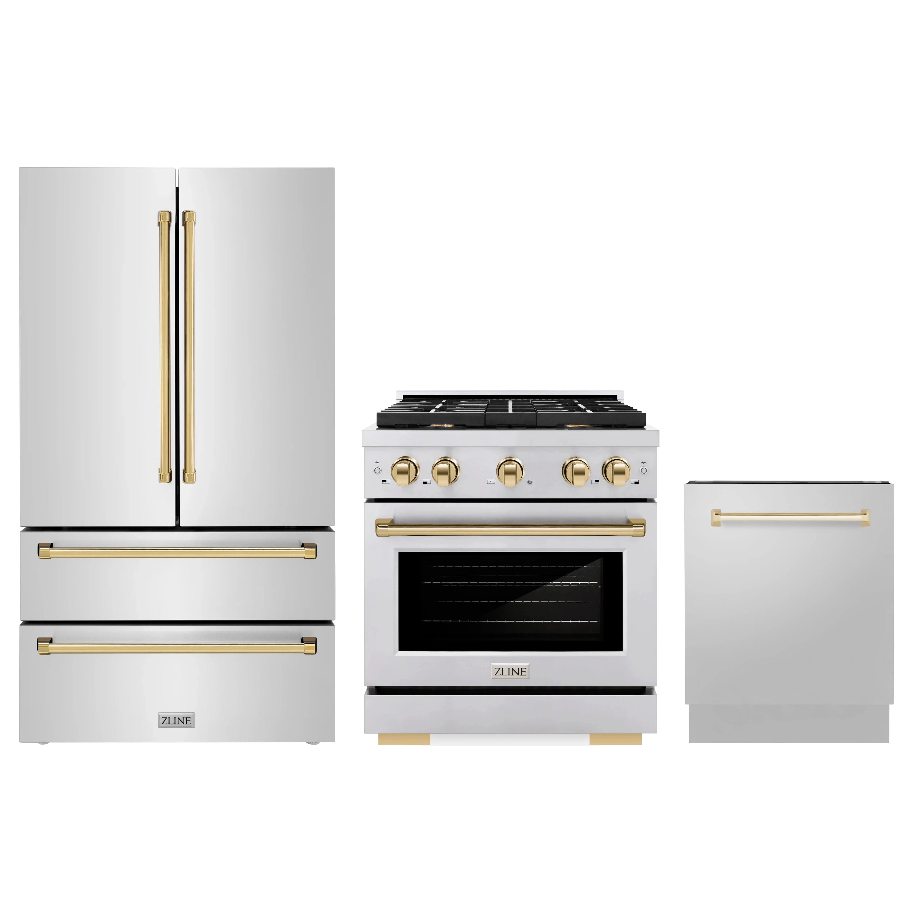 Stainless steel appliance package showing range, refrigerator, and dishwasher door with gold accents