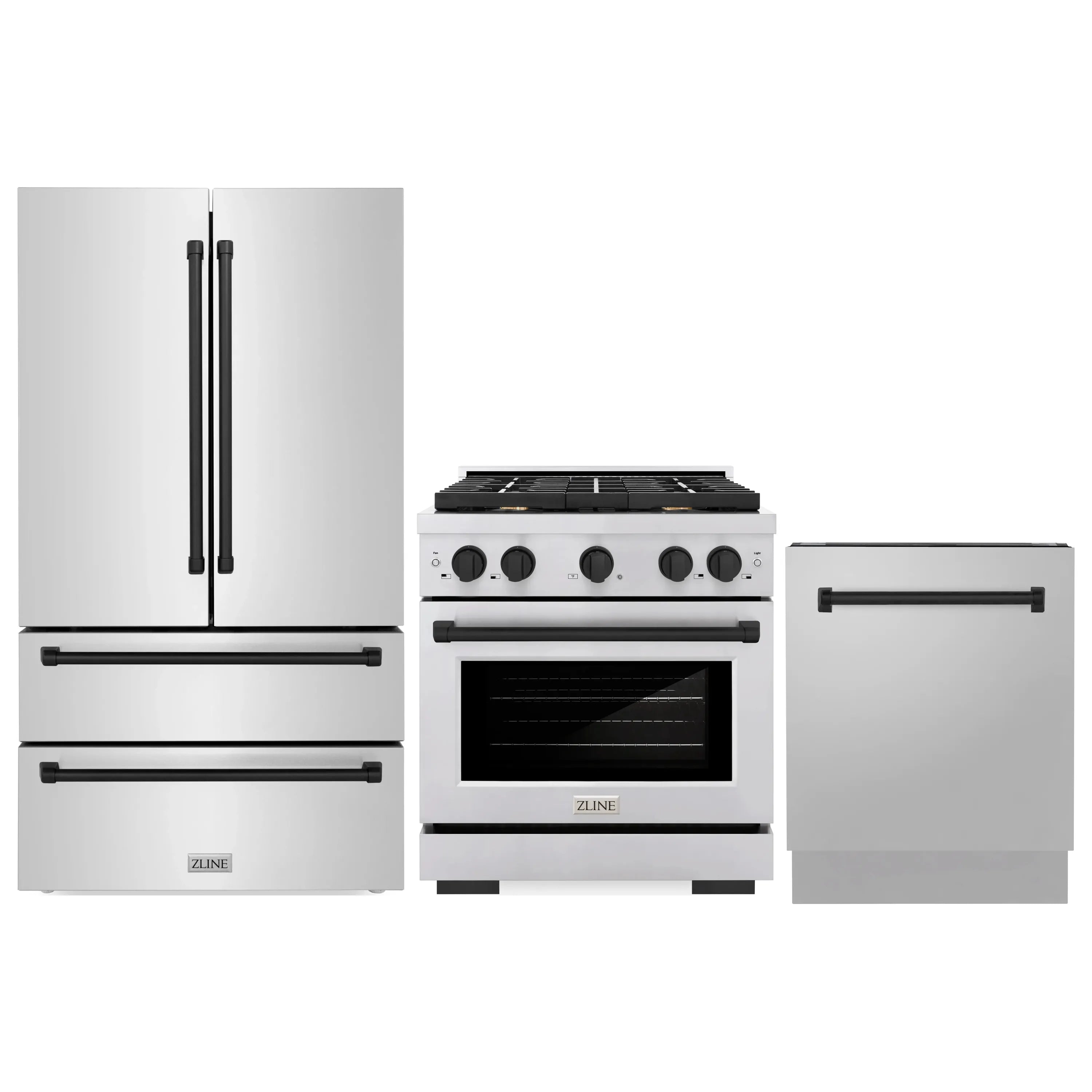Stainless steel kitchen appliance package with black handles: range, refrigerator, dishwasher