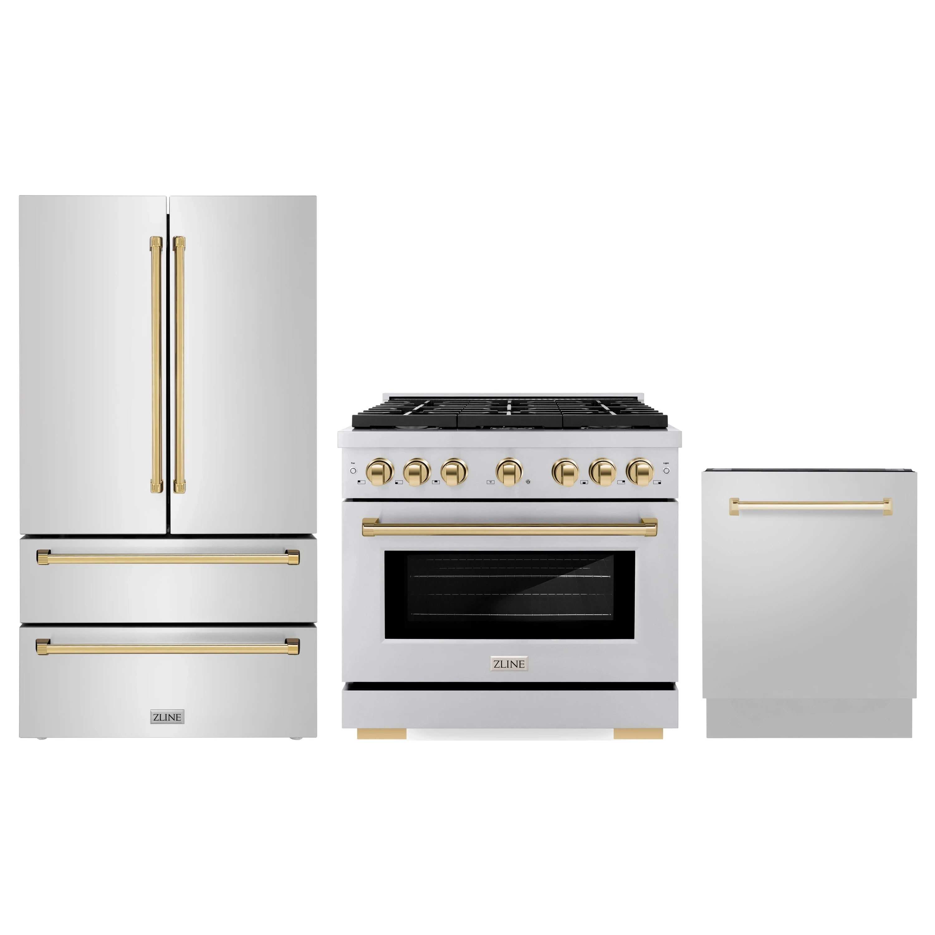 Stainless steel dual fuel range with gold control knobs and oven door window