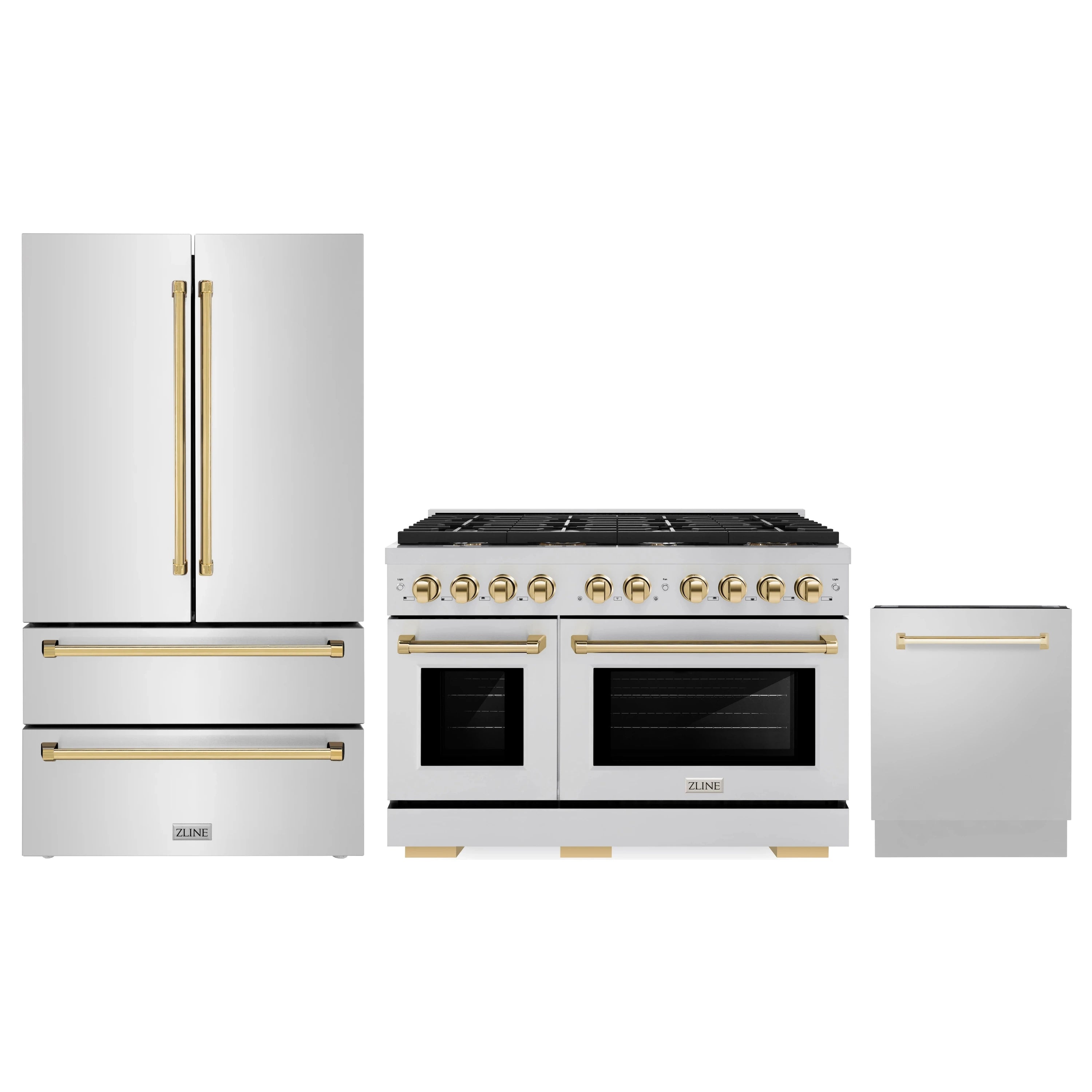 Stainless and gold-accent 3-piece appliance package with range and matching doors