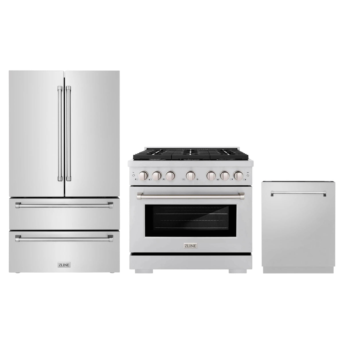 ZLINE 3-Piece Appliance Package - 36-Inch Paramount Gas Range, 36-Inch French Door Refrigerator, Dishwasher, in Stainless Steel