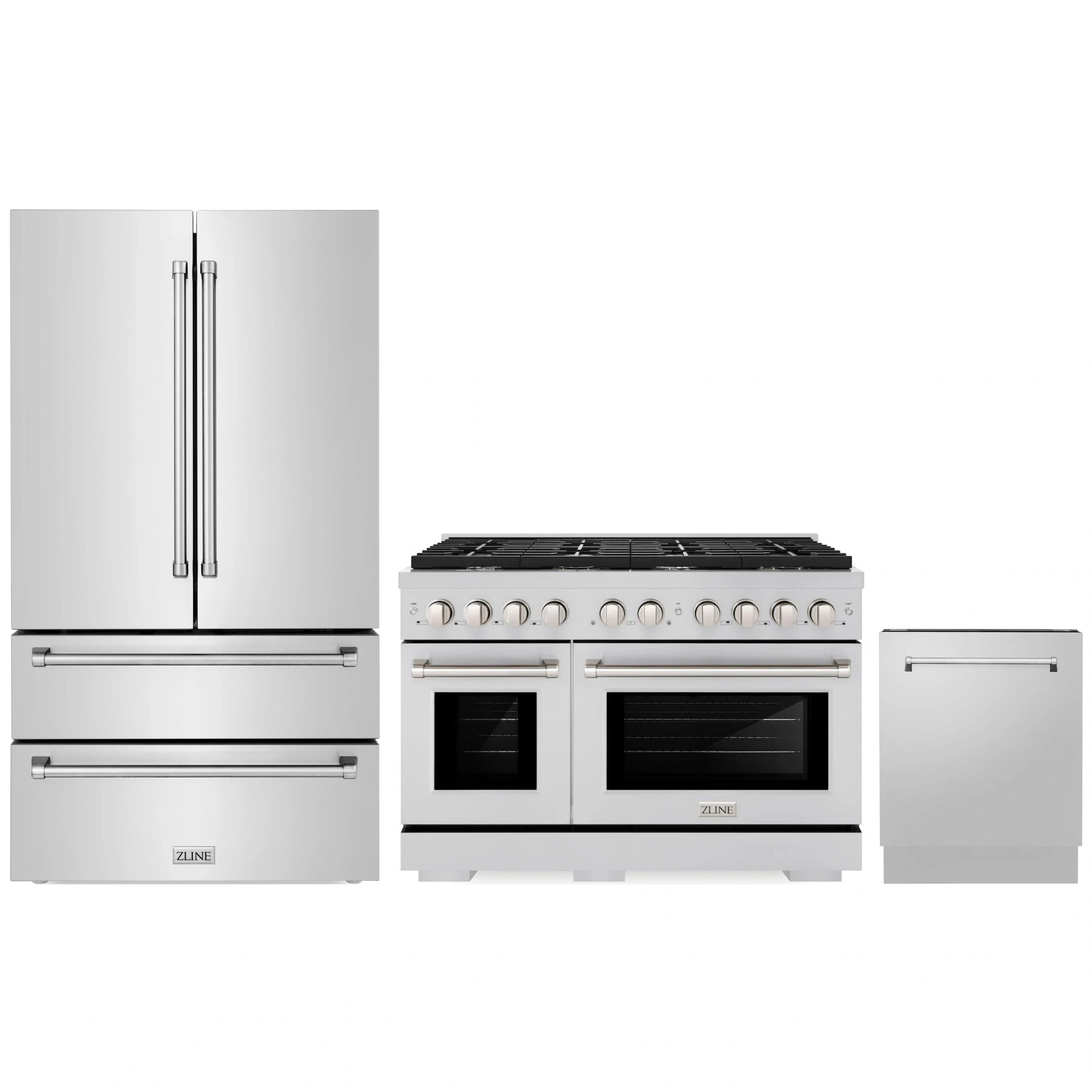 ZLINE stainless steel appliance package with French door refrigerator, gas range, and dishwasher