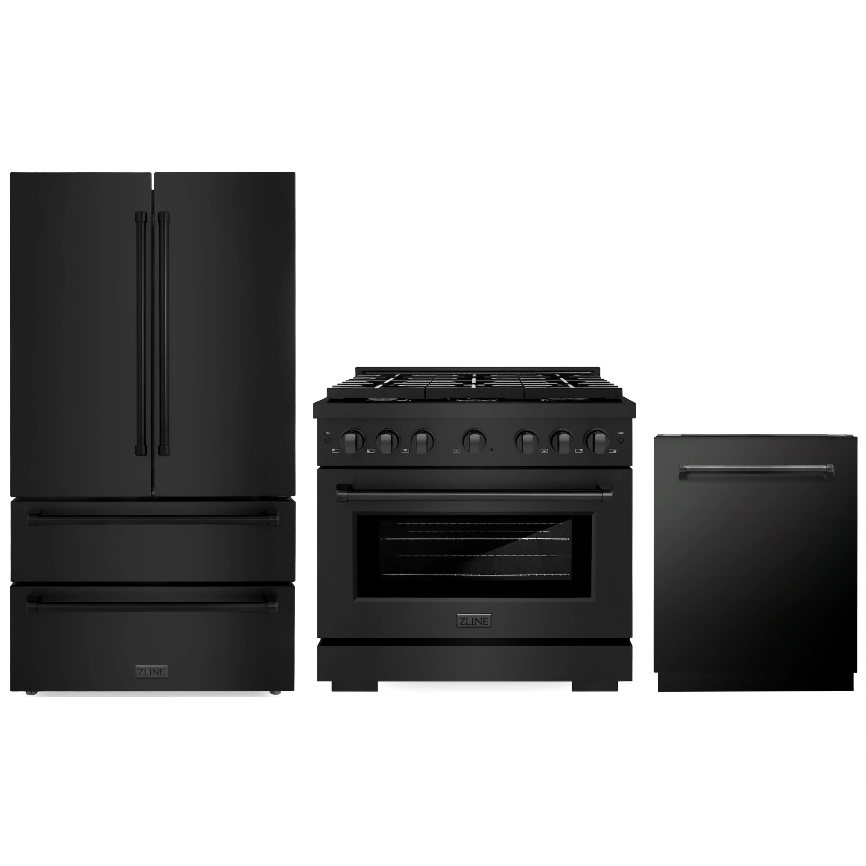 3-piece appliance package in black stainless steel: refrigerator, gas range, dishwasher