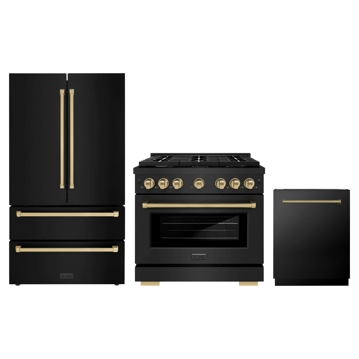 ZLINE 3-Piece Appliance Package - 36-Inch Paramount Gas Range, 36-Inch French Door Refrigerator, Dishwasher, in Black Stainless Steel with Champagne Bronze Accents