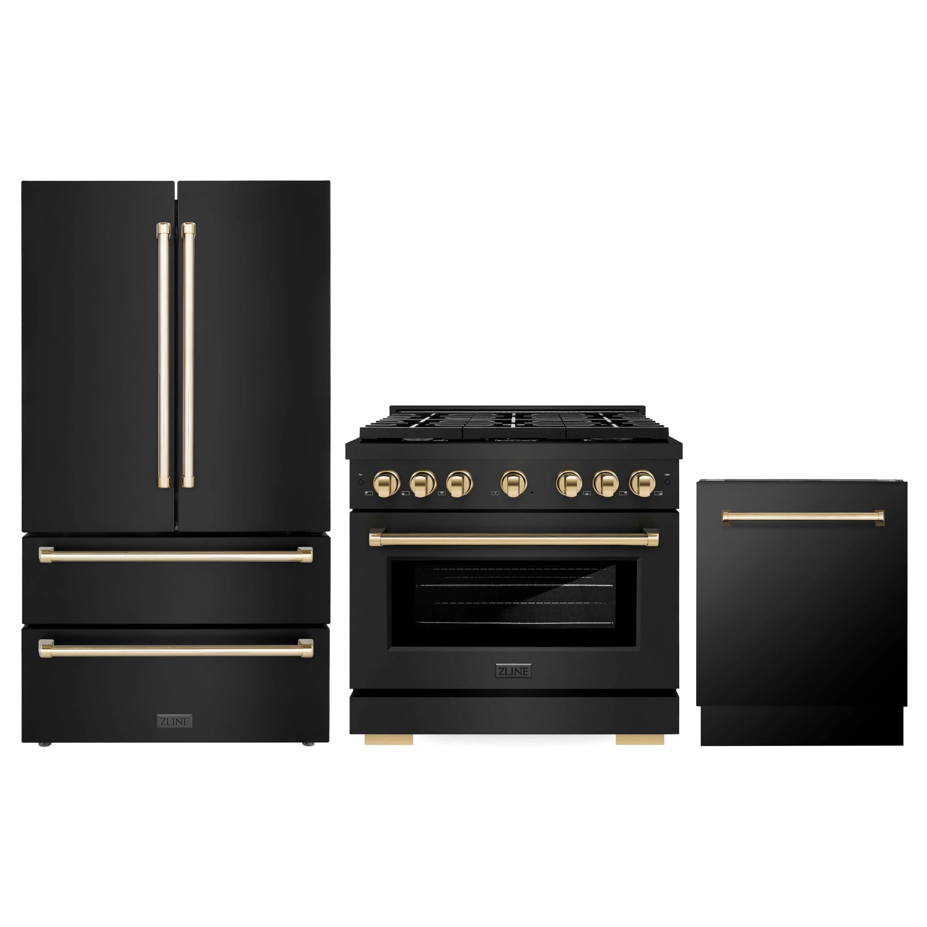 Black stainless steel appliance package with gold accents: range, refrigerator, dishwasher
