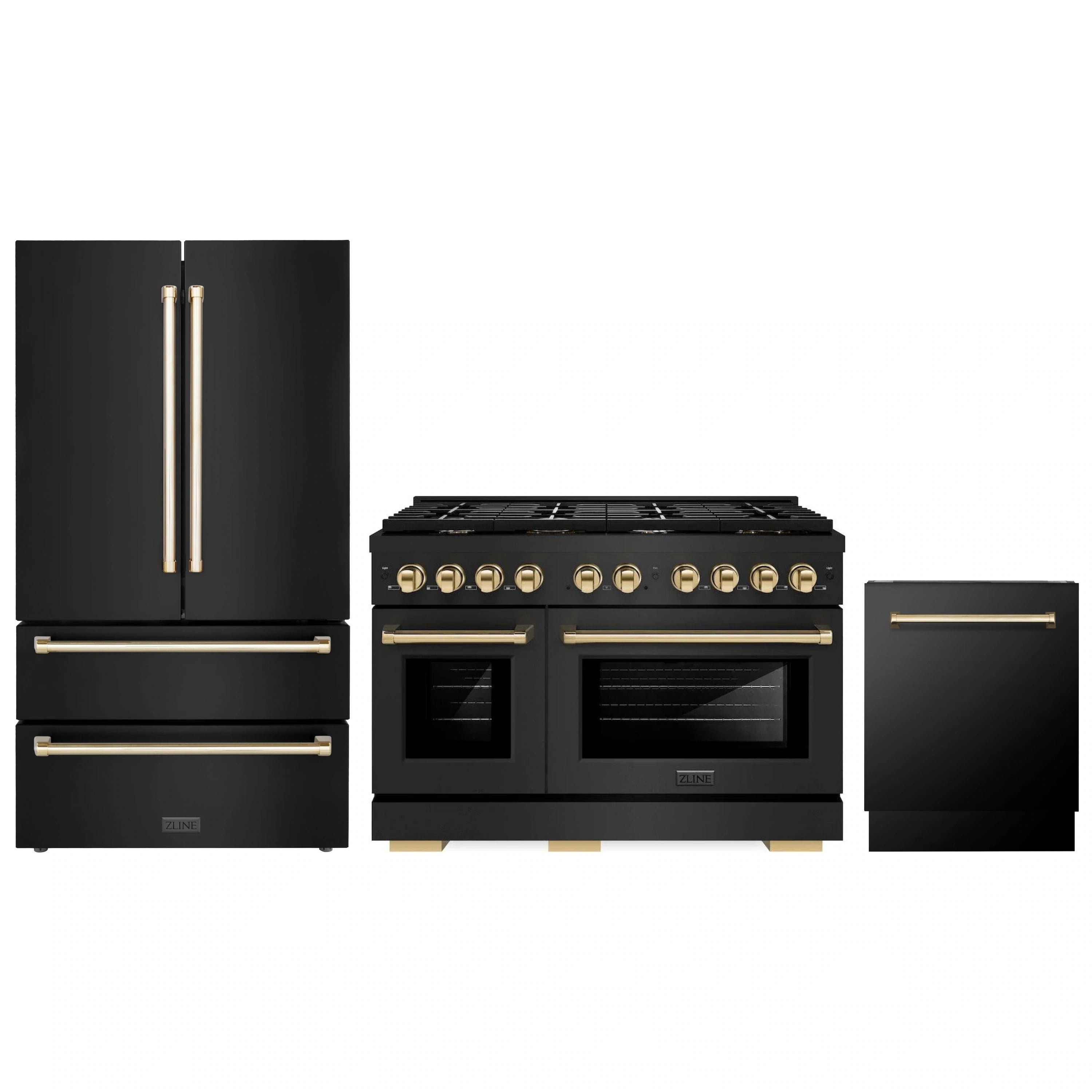 ZLINE black stainless appliance set with gold accents: range, refrigerator, freezer