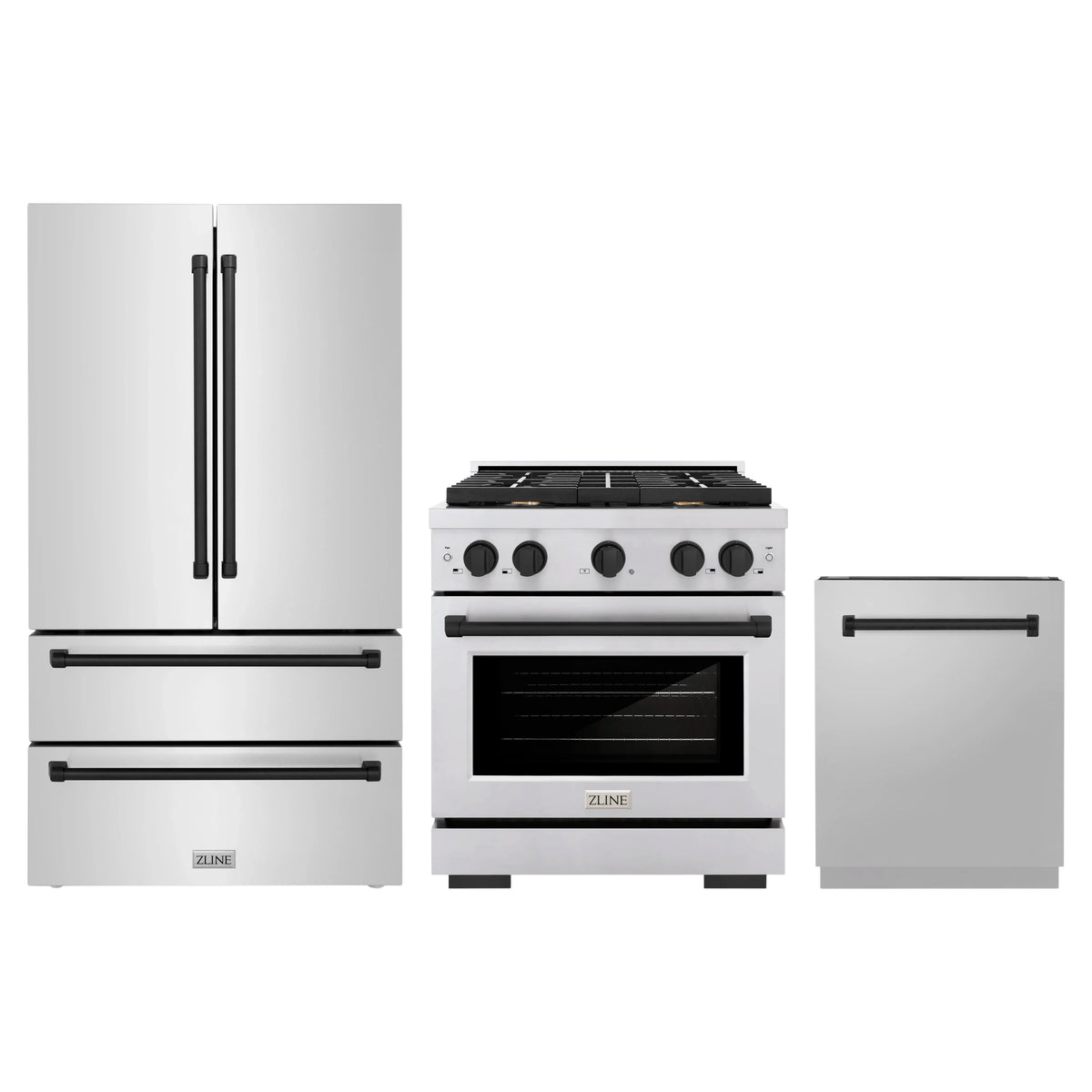 ZLINE 3-Piece Appliance Package - 30-Inch Paramount Autograph Gas Range, 36-Inch French Door Refrigerator, Dishwasher, in Stainless Steel with Matte Black Accents