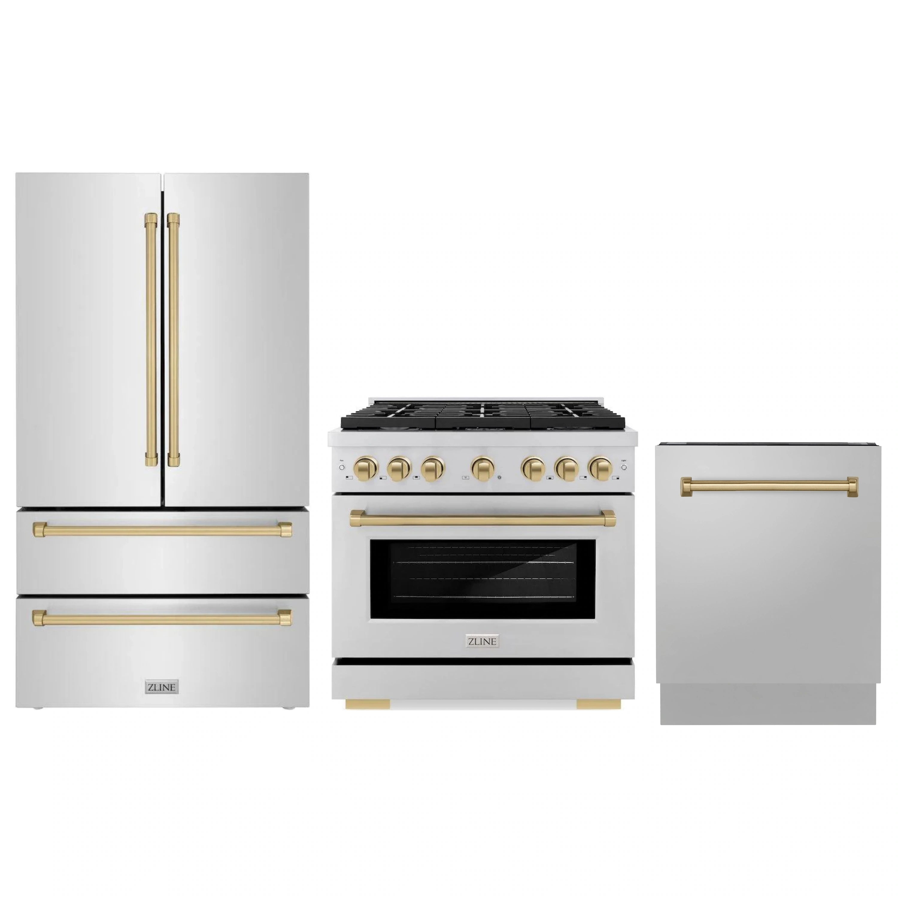 3-piece stainless appliance set with French-door refrigerator and gas range with bronze accents