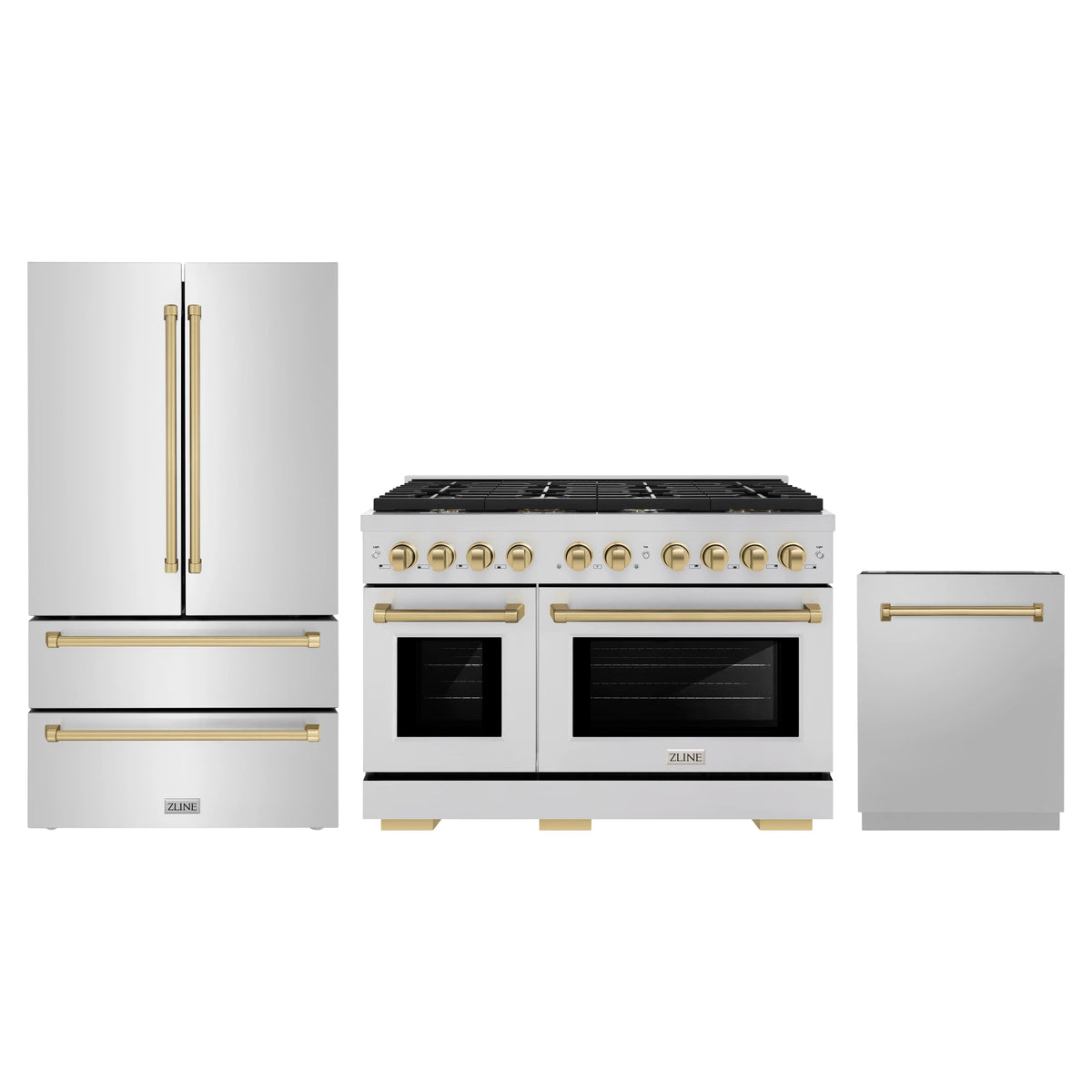 ZLINE 3-Piece Appliance Package - 48-Inch Paramount Autograph Gas Range, 36-Inch French Door Refrigerator, Dishwasher, in Stainless Steel with Champagne Bronze Accents