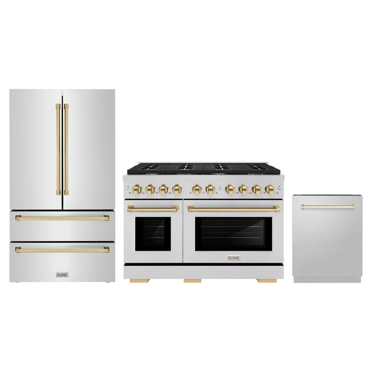 ZLINE 3-Piece Appliance Package - 48-Inch Paramount Autograph Gas Range, 36-Inch French Door Refrigerator, Dishwasher, in Stainless Steel with Gold Accents