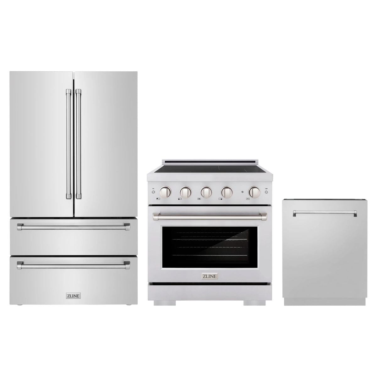 ZLINE 3-Piece Appliance Package - 30-Inch Paramount Induction Range, 36-Inch French Door Refrigerator, and Dishwasher in Stainless Steel