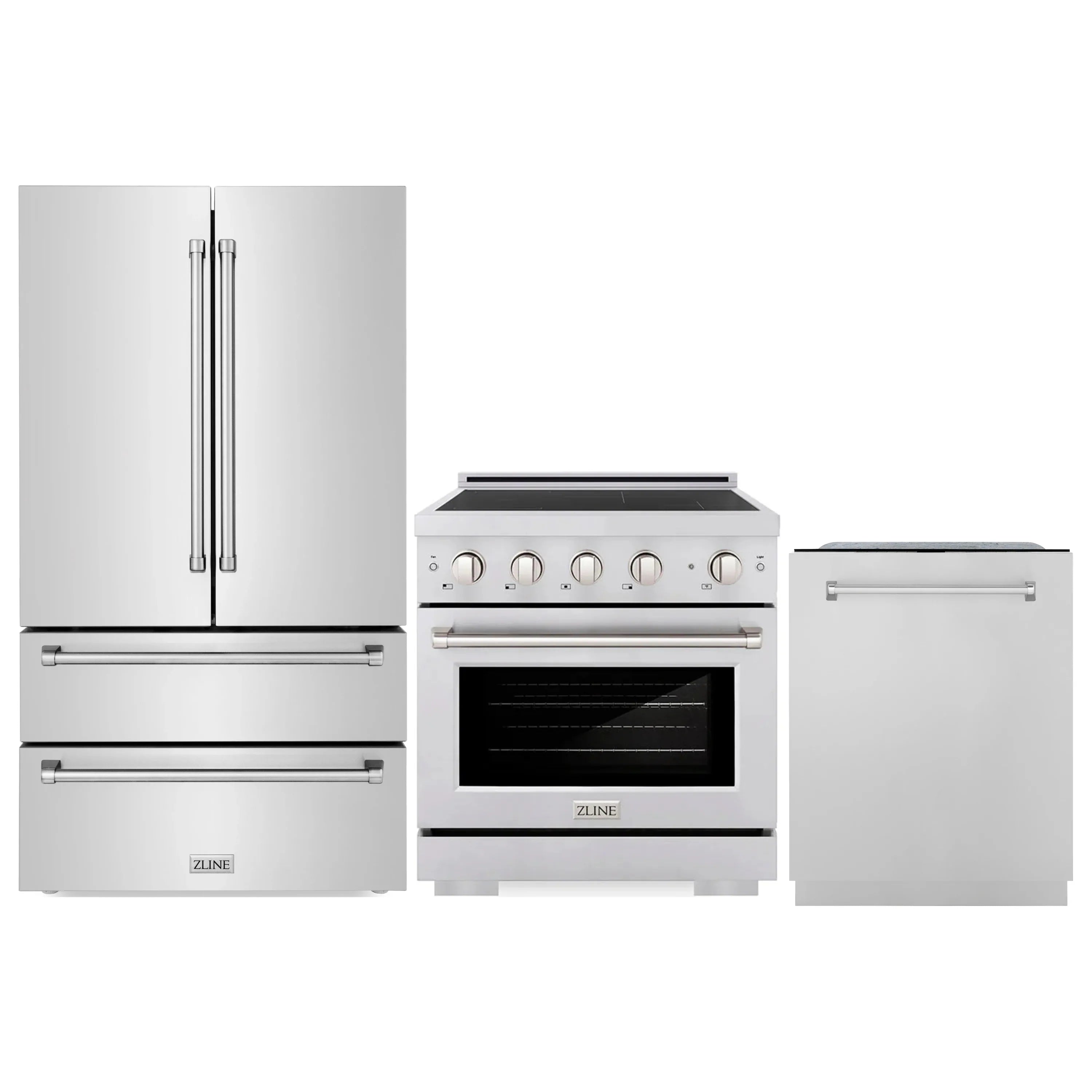 3-piece stainless appliance set with refrigerator, induction range, and dishwasher