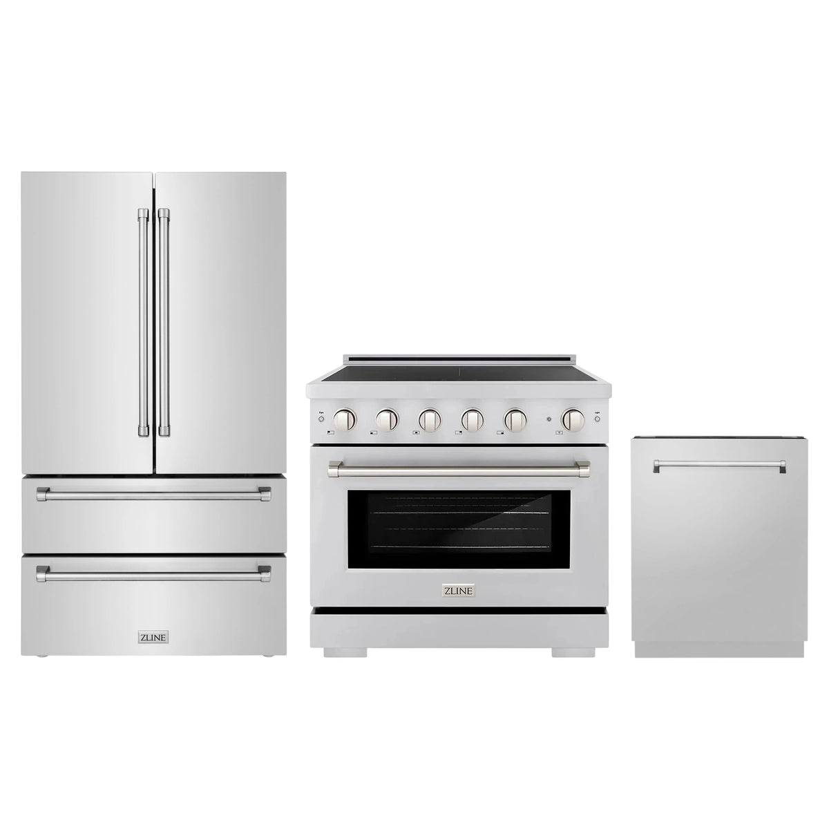ZLINE 3-Piece Appliance Package - 36-Inch Paramount Induction Range, 36-Inch French Door Refrigerator, and Dishwasher in Stainless Steel