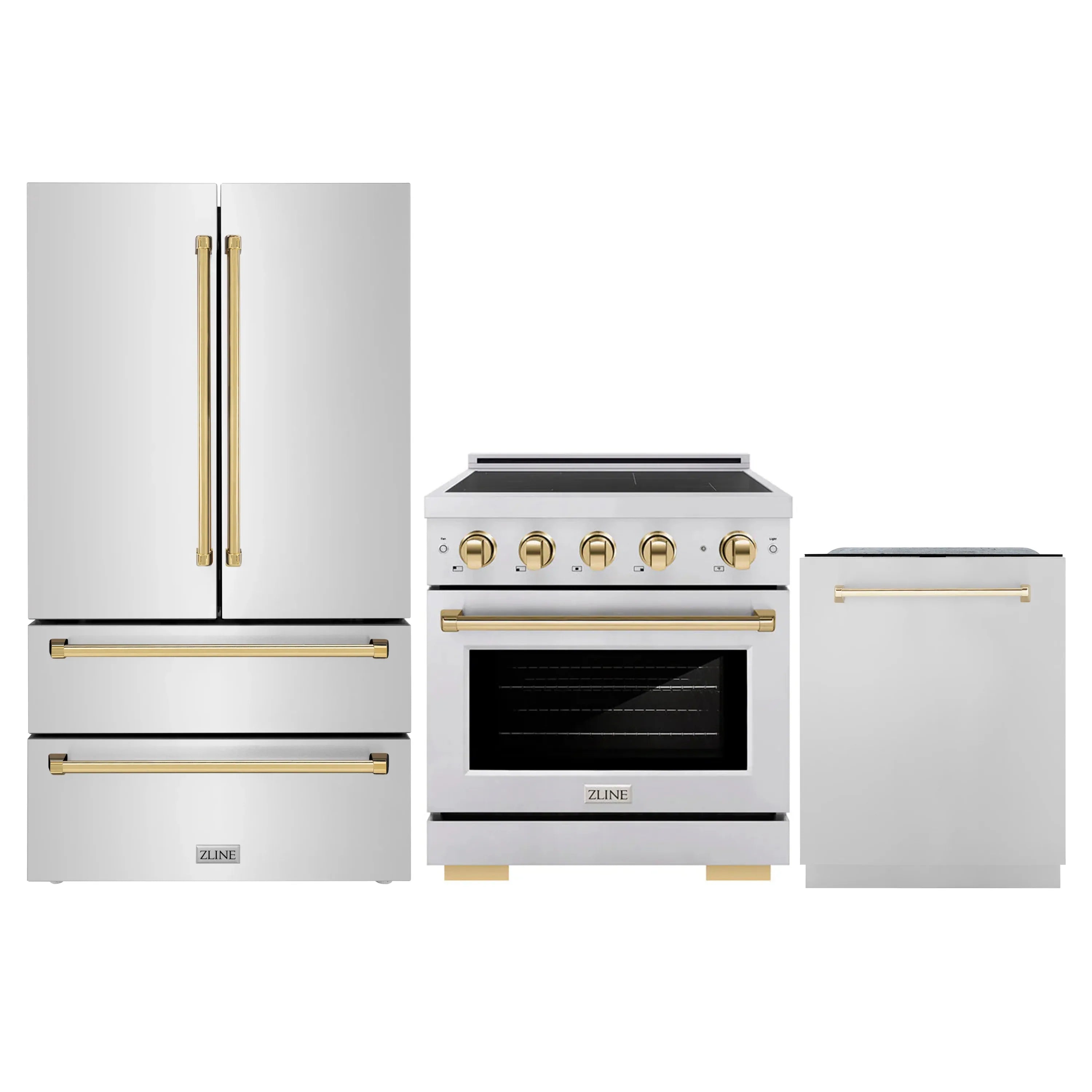 Stainless appliance set with gold-trim induction range, refrigerator, and dishwasher