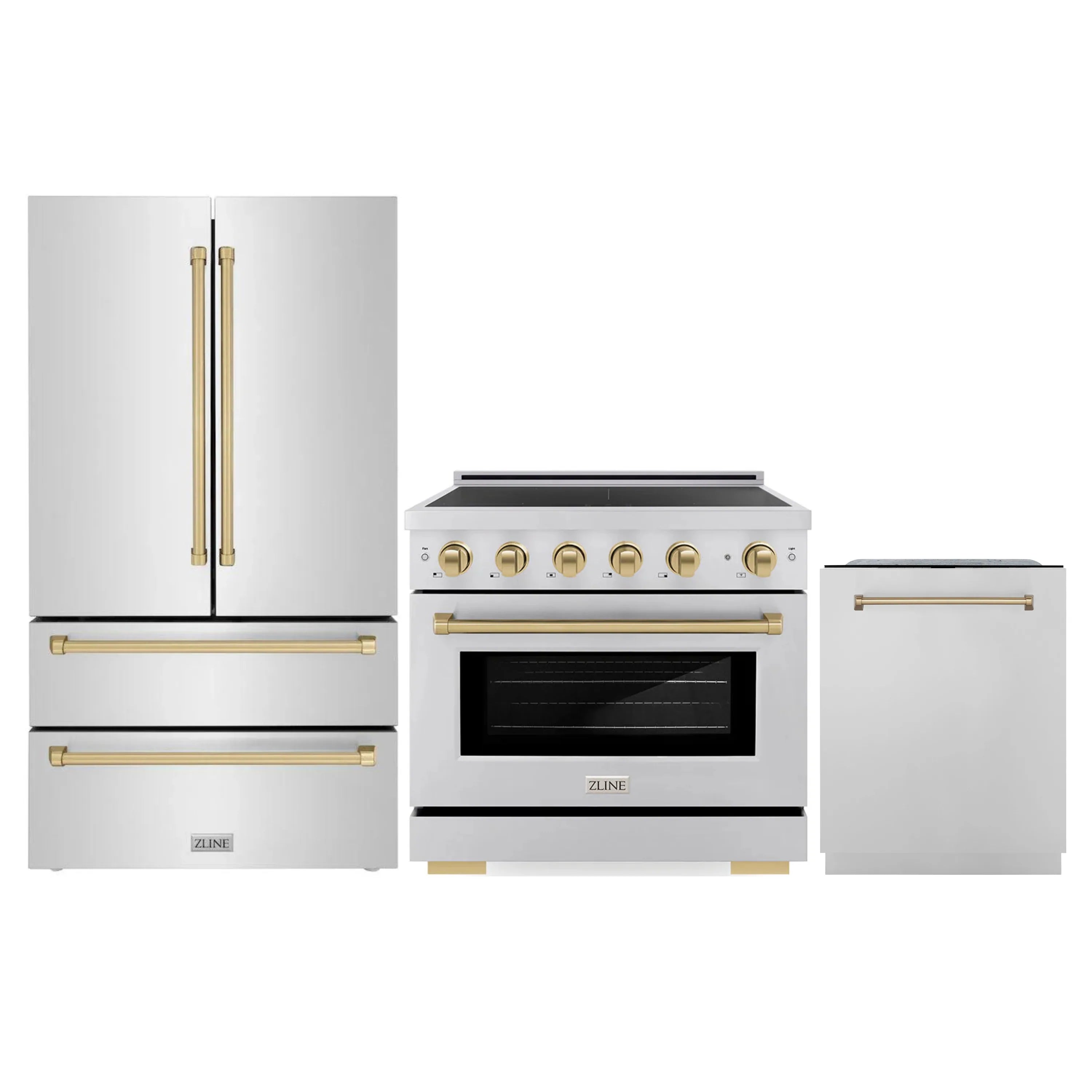 Stainless kitchen appliance set with champagne bronze handles: range, refrigerator, dishwasher