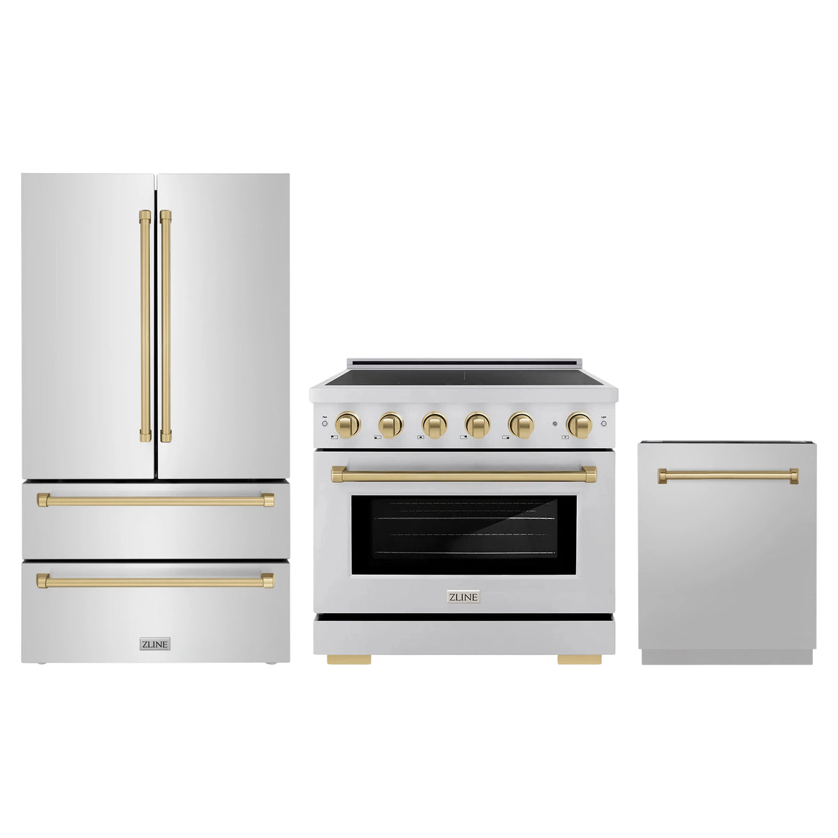 ZLINE 3-Piece Appliance Package - 36-Inch Autograph Edition Induction Range, 36-Inch French Door Refrigerator, and Dishwasher in Stainless Steel with Champagne Bronze Trim
