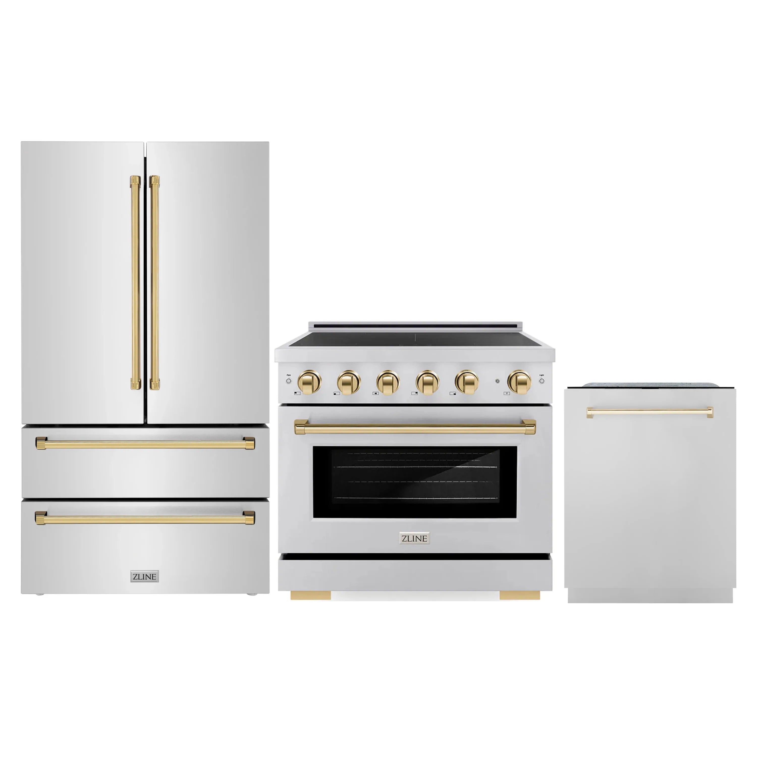 Stainless kitchen appliance set with gold-trim handles: refrigerator, range, dishwasher