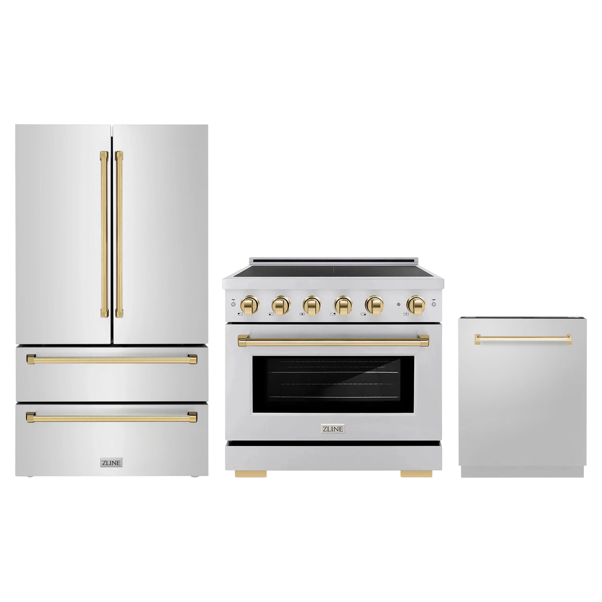 ZLINE 3-Piece Appliance Package - 36-Inch Autograph Edition Induction Range, 36-Inch French Door Refrigerator, and Dishwasher in Stainless Steel with Gold Trim