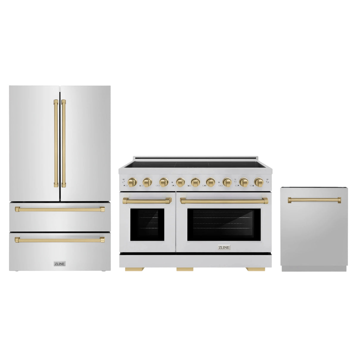 ZLINE 3-Piece Appliance Package - 48-Inch Autograph Edition Induction Range, 36-Inch French Door Refrigerator, and Dishwasher in Stainless Steel with Champagne Bronze Trim