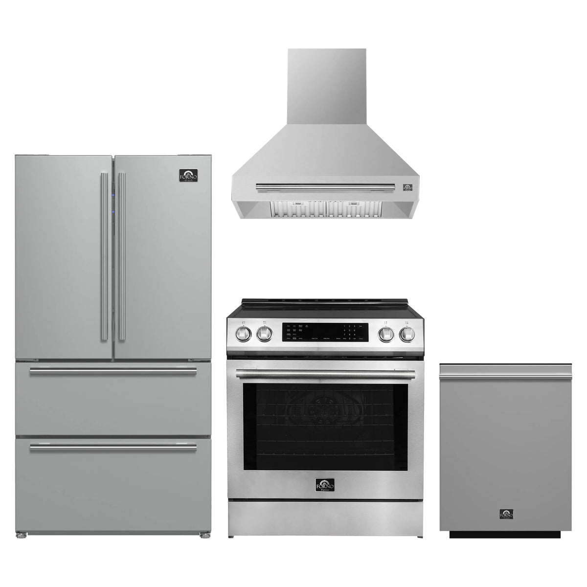 Forno 4-Piece Appliance Package - 30-Inch Espresso Induction Range, Wall Mount Range Hood, 36-Inch French Door Refrigerator, and Dishwasher in Stainless Steel
