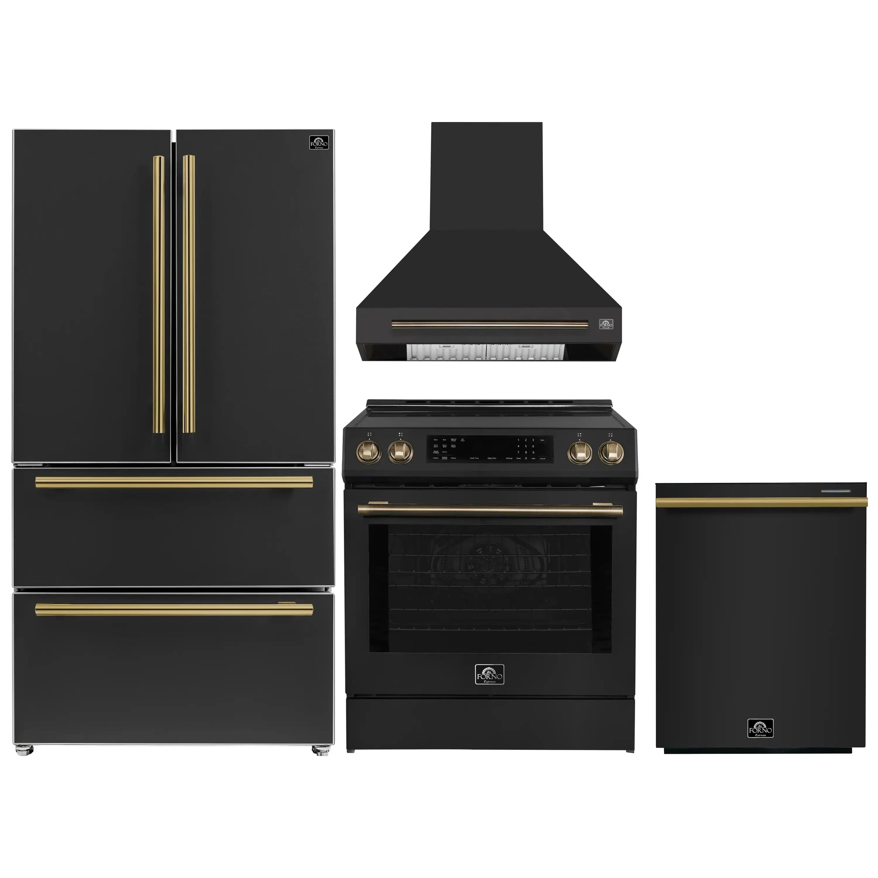 Black appliance package with antique-brass accents: refrigerator, range, hood, dishwasher